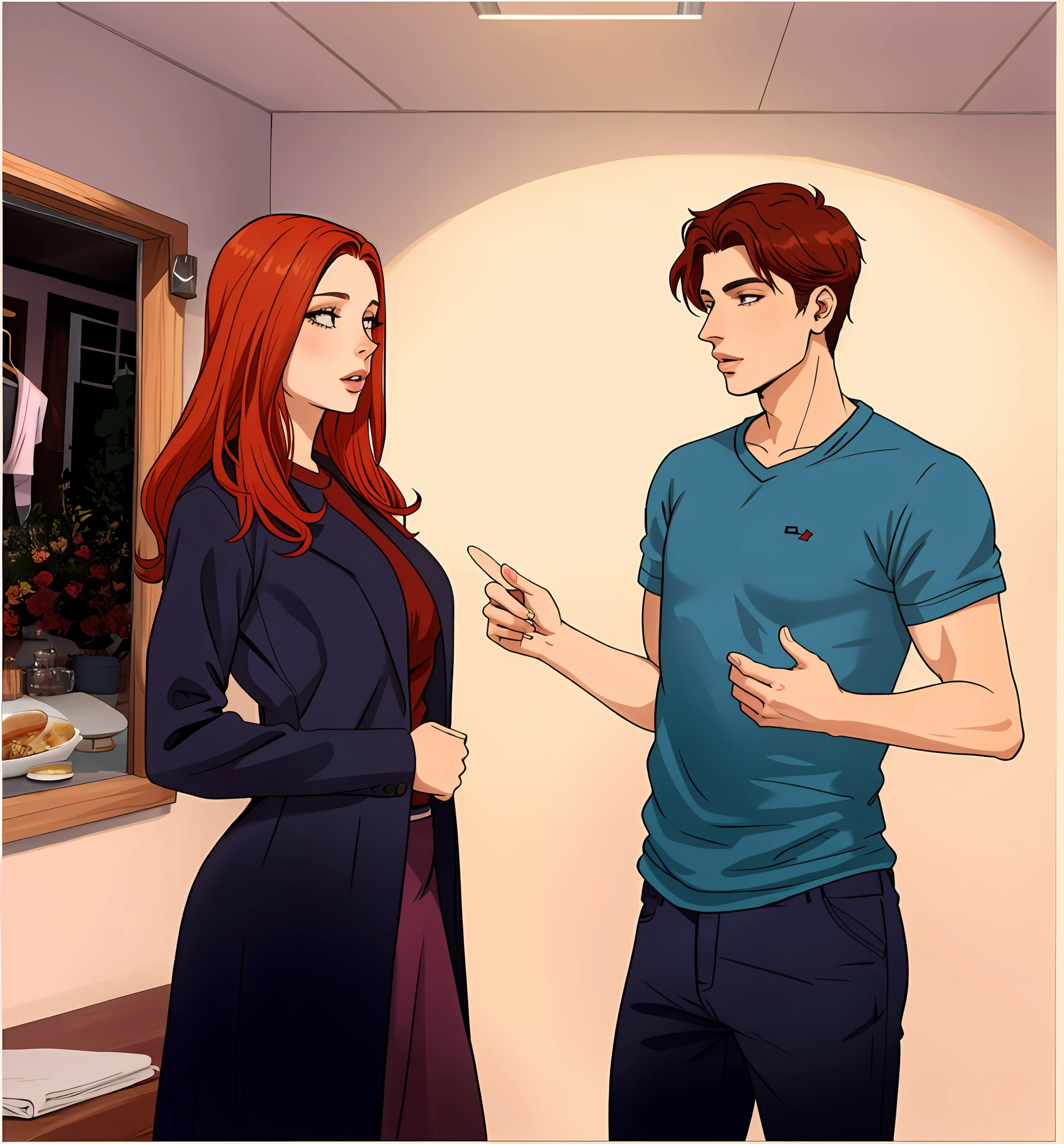 mulher ruiva e um homem jovem camisa larga