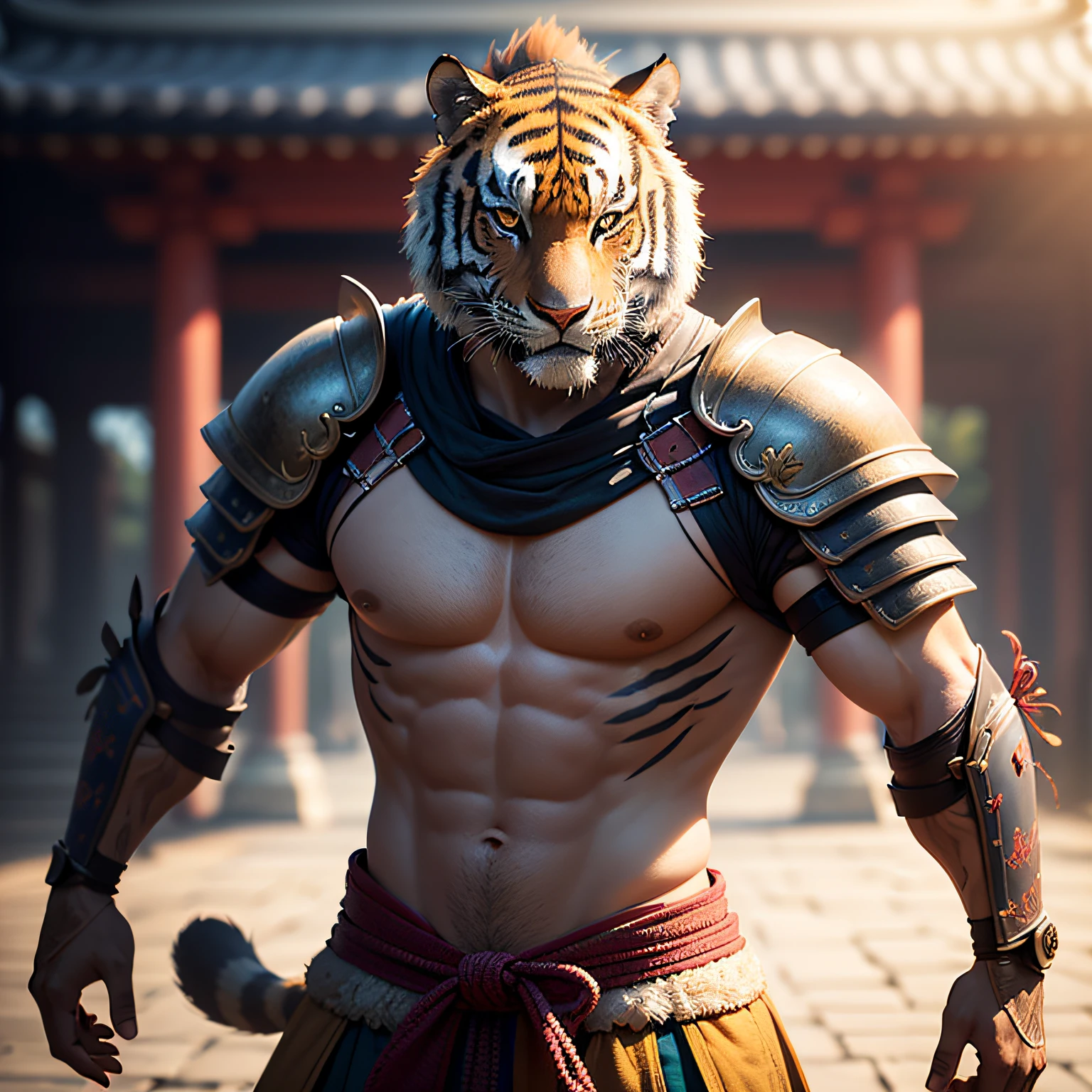 (masterpiece, best_quality, beautiful digital art:1.4), (half-body shot:1.5), ancient anthropomorphic tiger samurai using an ancient samurai armor, photography, beautiful, bokeh temple background, colorful, masterpieces, top quality, best quality, official art, beautiful and aesthetic, realistic, cinematic light, (sharp focus:1.6), highly detailed, ultra realistic, 8k