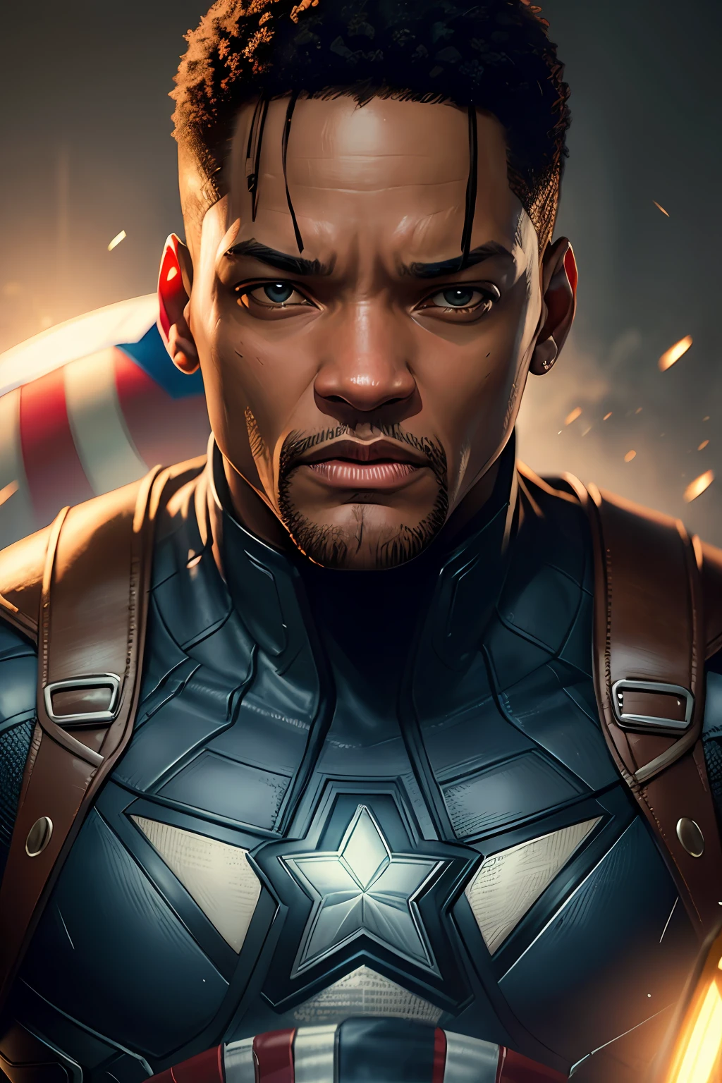 . .Tarantino style Will Smith as Captain America 8k, high definition, detailed face, detailed face, detailed eyes, detailed suit, in style of marvel and dc, hyper-realistic, + cinematic shot + dynamic composition, incredibly detailed, sharpen, details + superb details + evening with light + perfectionism + award winning realism ((moody lighting)) --auto