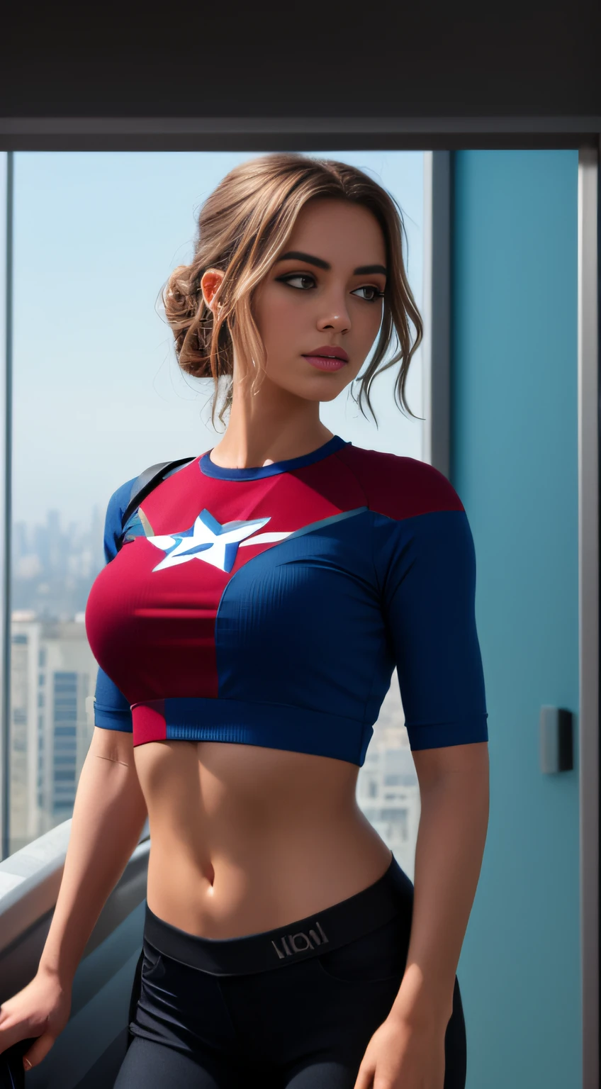(1 girl: 1.3), arte oficial, fondo de pantalla unificado de 8k, superdetallado, Beautiful and Aesthetic, hermoso, obra maestra, mejor calidad, crudo, obra maestra, foto superfina, mejor calidad, superhighresolution, realismo fotorrealista, luz solar, retrato de cuerpo completo, Amazing beauty, dynamic pose, cara delicada, ojos vibrantes, (desde el frente), wears a futuristic Captain America T-shirt, esquema de color azul, (sosteniendo solo un escudo), A capital letter "A" on the chest, Very detailed abandoned warehouse background, cara detallada, fondo ocupado complejo detallado, desordenado, hermoso, piel muy detallada, detalles realistas de la piel, foco nítido, volumetric mist, 8k uhd, dslr camera, alta calidad, movie grain, piel clara, fotorrealismo, lomografía, Great metropolis in the future dystopia.