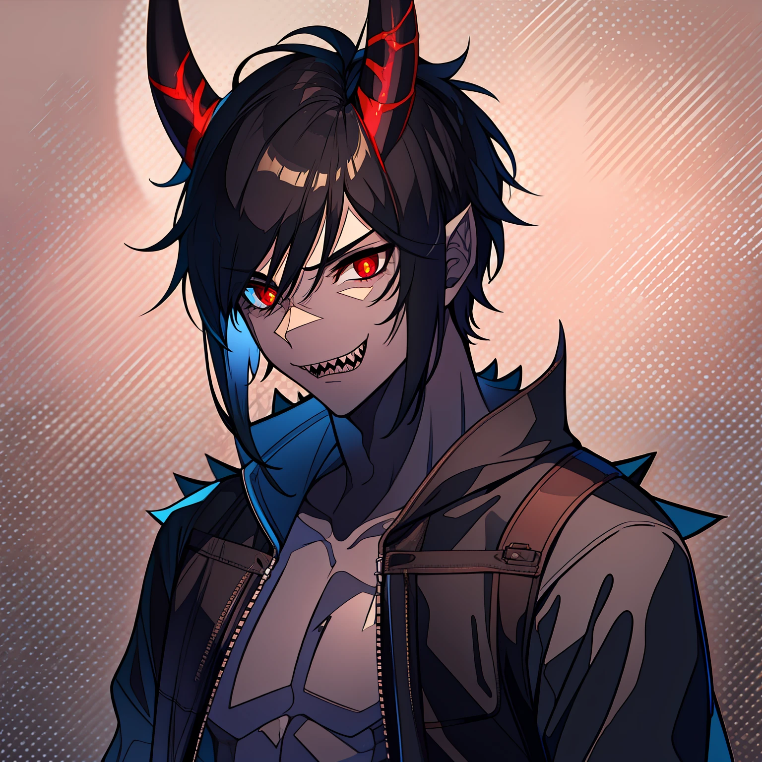 Wendigo, human form, male, black hair, teenage male, horns on head, short hair, sharp teeth