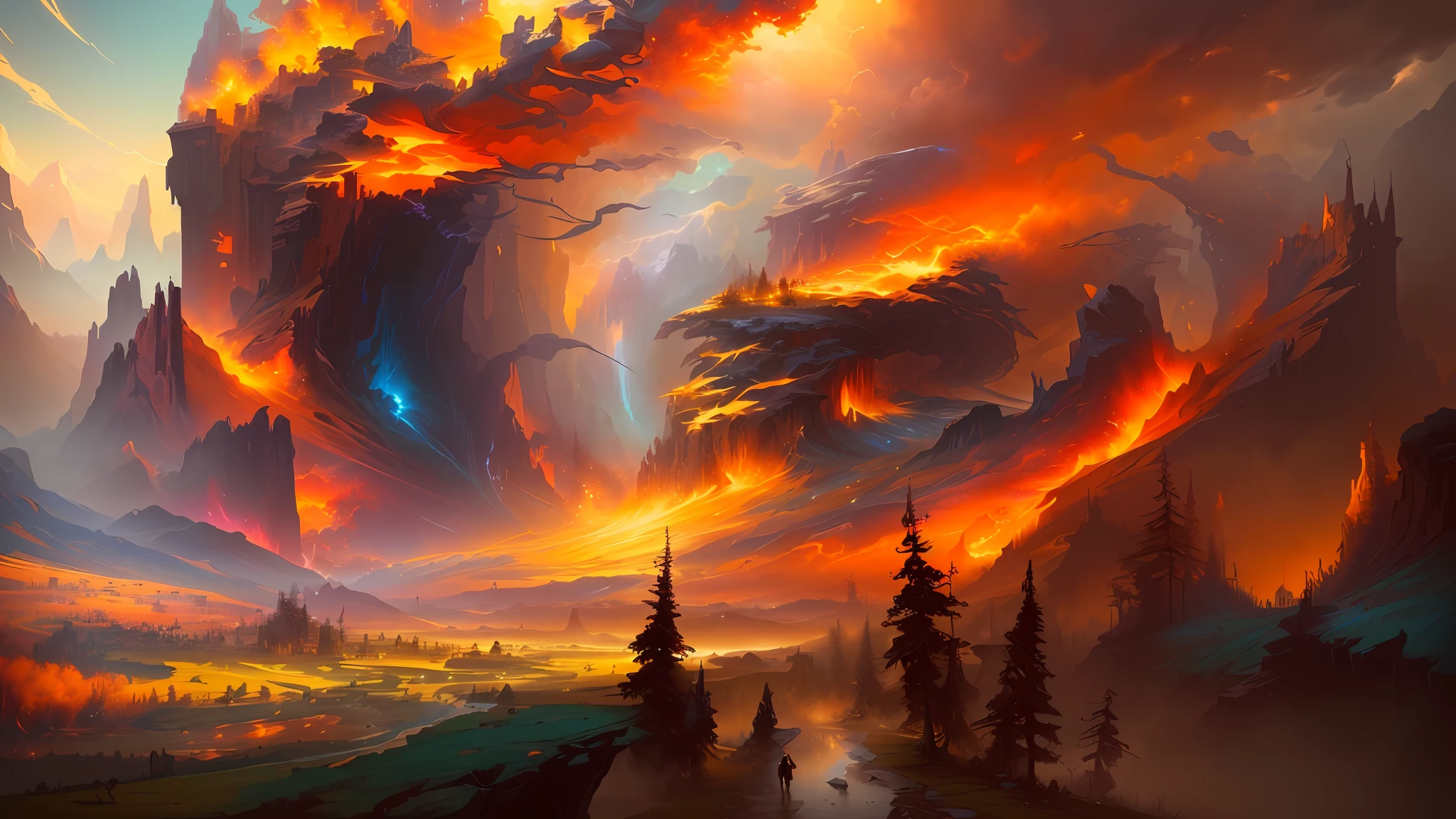 A painting of a man and a woman walking through the valley, dan mumford and albert bierstadt, fractal thunder dan mumford, intricate concept art painting, silvain sarrailh, author:Noah Bradley, concept-art. epic landscapes, dan mumford and peter mohrbacher, inspired by Noah Bradley, noah bradley concept art, Detailed painting 4 K, 4k highly detailed digital art