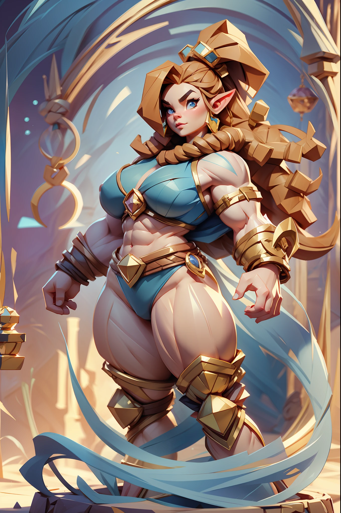 gorgeous muscular dwarf girl, muscular body, muscular arms, 1.4m tall, beautiful light eyes, slim waist, voluptuous hips, fantasy, film grain, UHD, masterpiece, anatomically correct, super detail, best quality