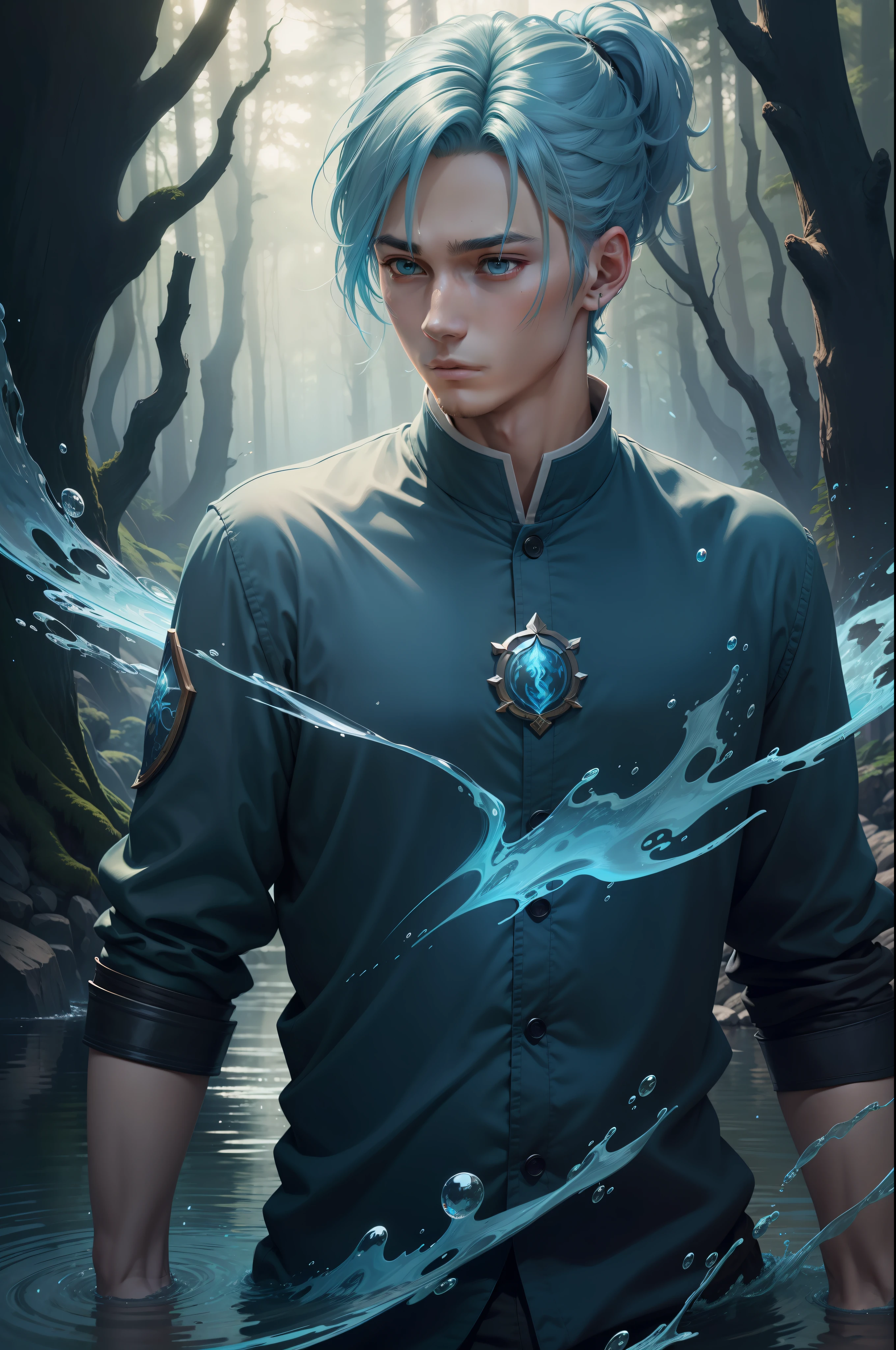 "Calm personality，mtu，Water Elemental Magic，Forest as background，The animations are rich in detail，20-year-old man，Light blue hair，short ponytail hair，High-quality 8K masterpiece。"