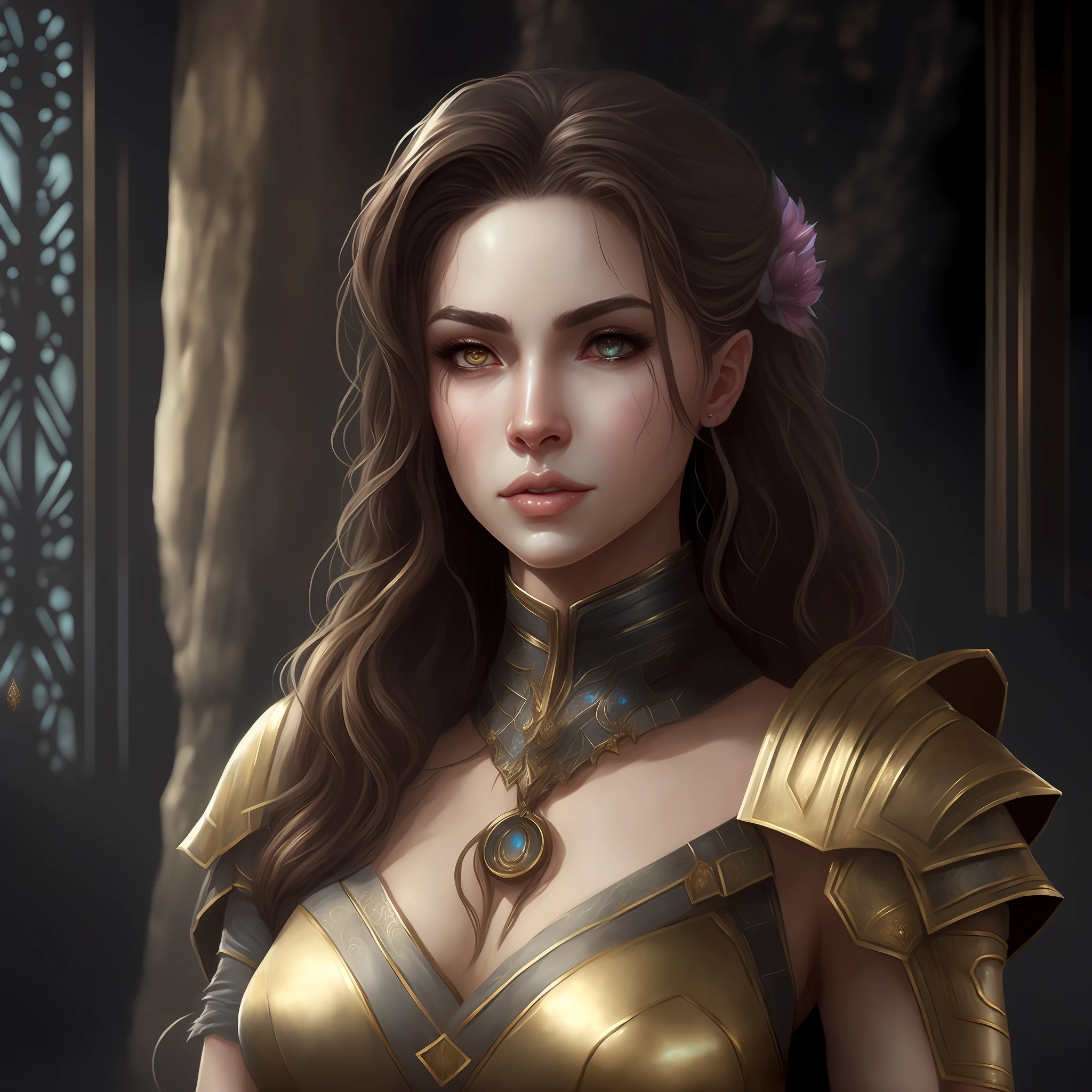 mulher arafed em um vestido dourado com uma flor em seu cabelo, retrato de arte conceito de fantasia, retrato de fantasia fosco detalhado, arte de personagem impressionante, retrato cavaleiro feminino, retrato do personagem da fantasia, epic fantasy art portrait, epic exquisite character art, Retrato de uma rainha elfa, retrato da arte da fantasia, Retrato do Paladino Feminino, cavaleiro feminino bonito, realistic fantasy illustration, retrato bonito da fantasia