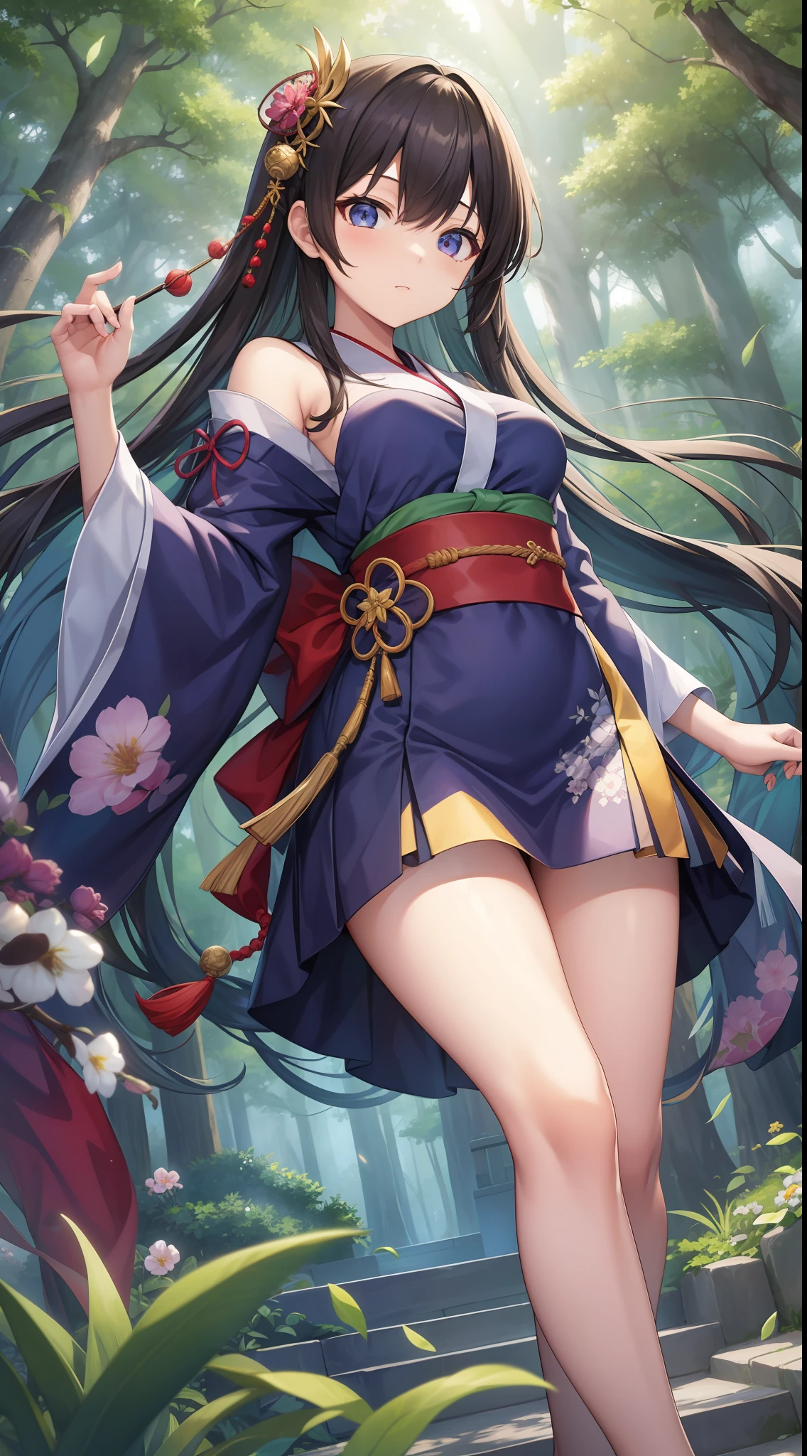 Masterpiece、hight resolution、1girl in、Japanese dress、a miniskirt、hairpin、Sunlight、mystical forest、