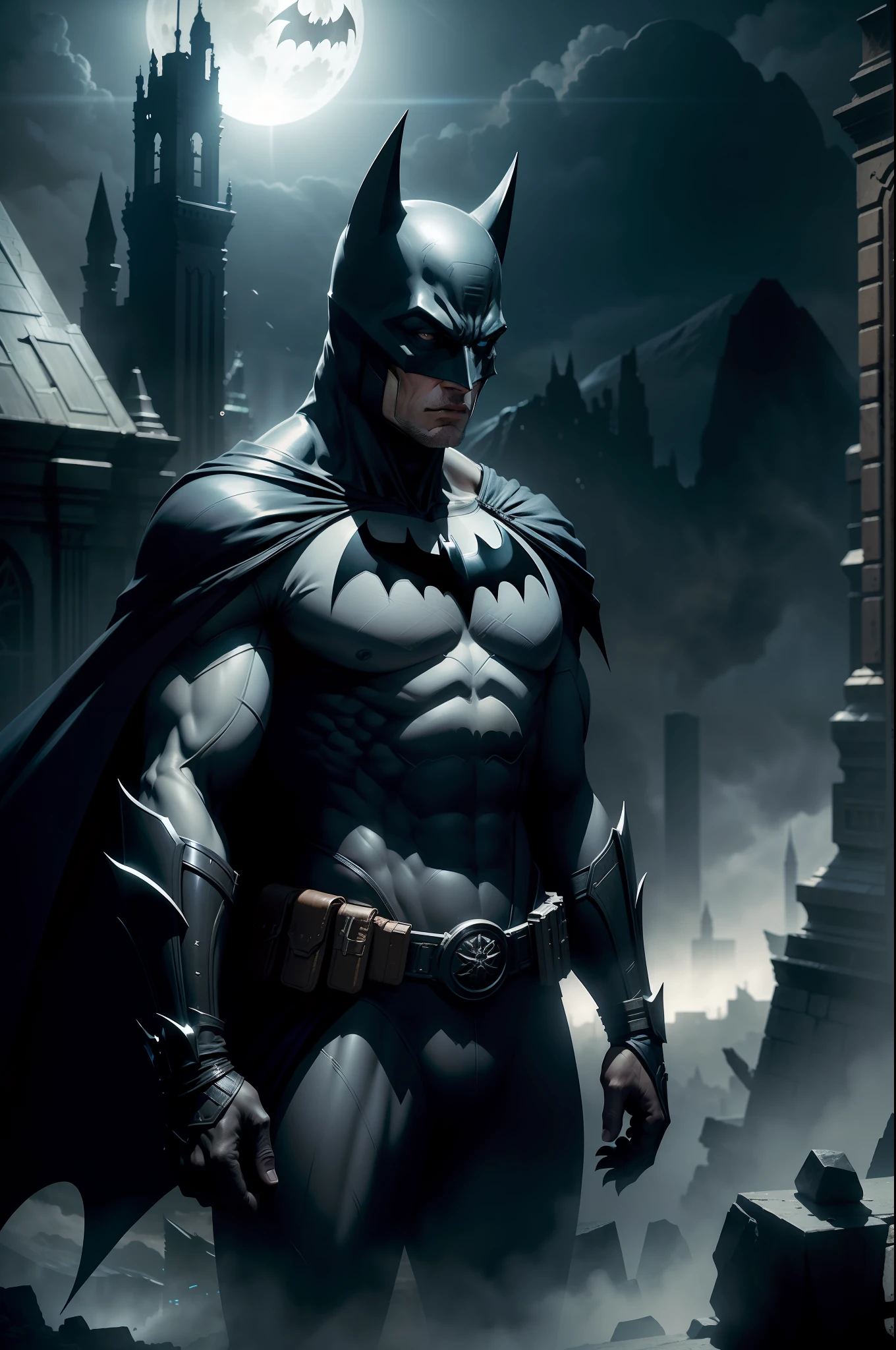 Batman from the dark knight stands imposing in a gothic lost city. Moonlight highlights your muscles and scars. The scenery is lush and mysterious, with futuristic tech and surroundings. The camera details everything, a warrior woman, in front of him.