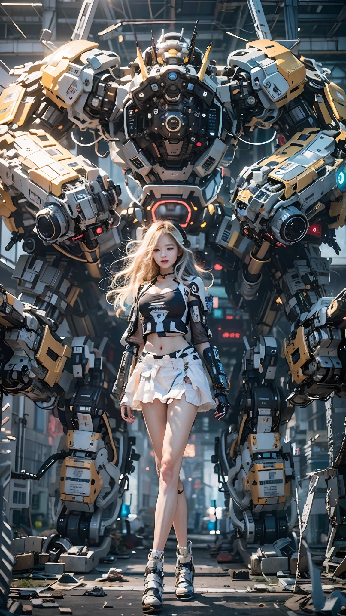 ((masterpiece, best quality)),illustration,ultra detailed 8k,photorealistic,sharp focus,highly detailed,professional lighting,colorful details,iridescent colors BREAK extreme long shot of a factory,large mechanical robot construction,microchip,computer,glowing,intricate details,shitu-mecha,1girl is standing in front of the audience,Navel