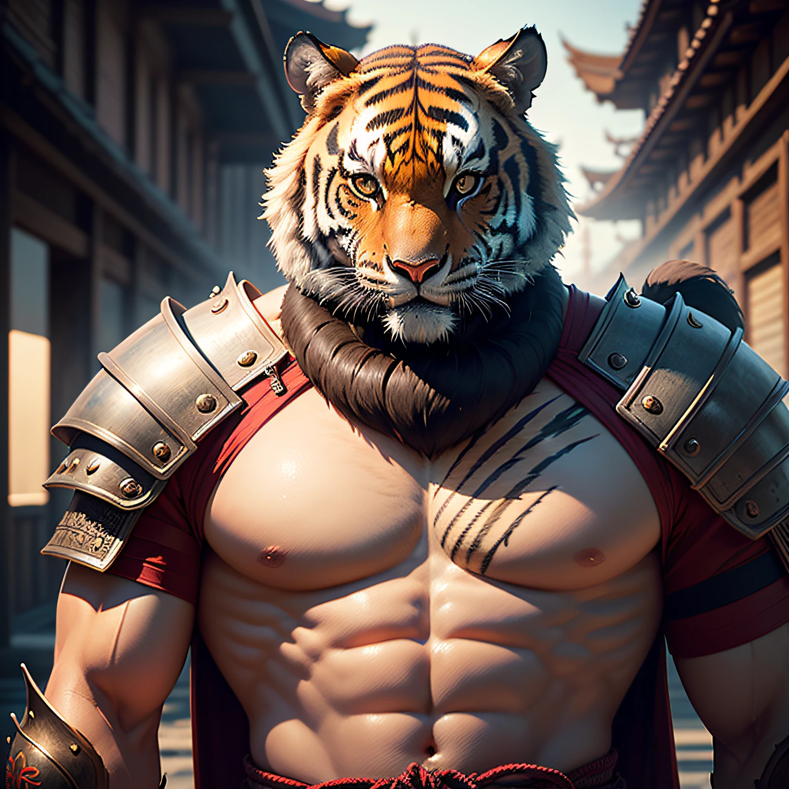 (masterpiece, best_quality, beautiful digital art:1.4), (half-body shot:1.5), ancient anthropomorphic tiger samurai using an ancient samurai armor, photography, beautiful, bokeh temple background, colorful, masterpieces, top quality, best quality, official art, beautiful and aesthetic, realistic, cinematic light, (sharp focus:1.6), highly detailed, ultra realistic, 8k