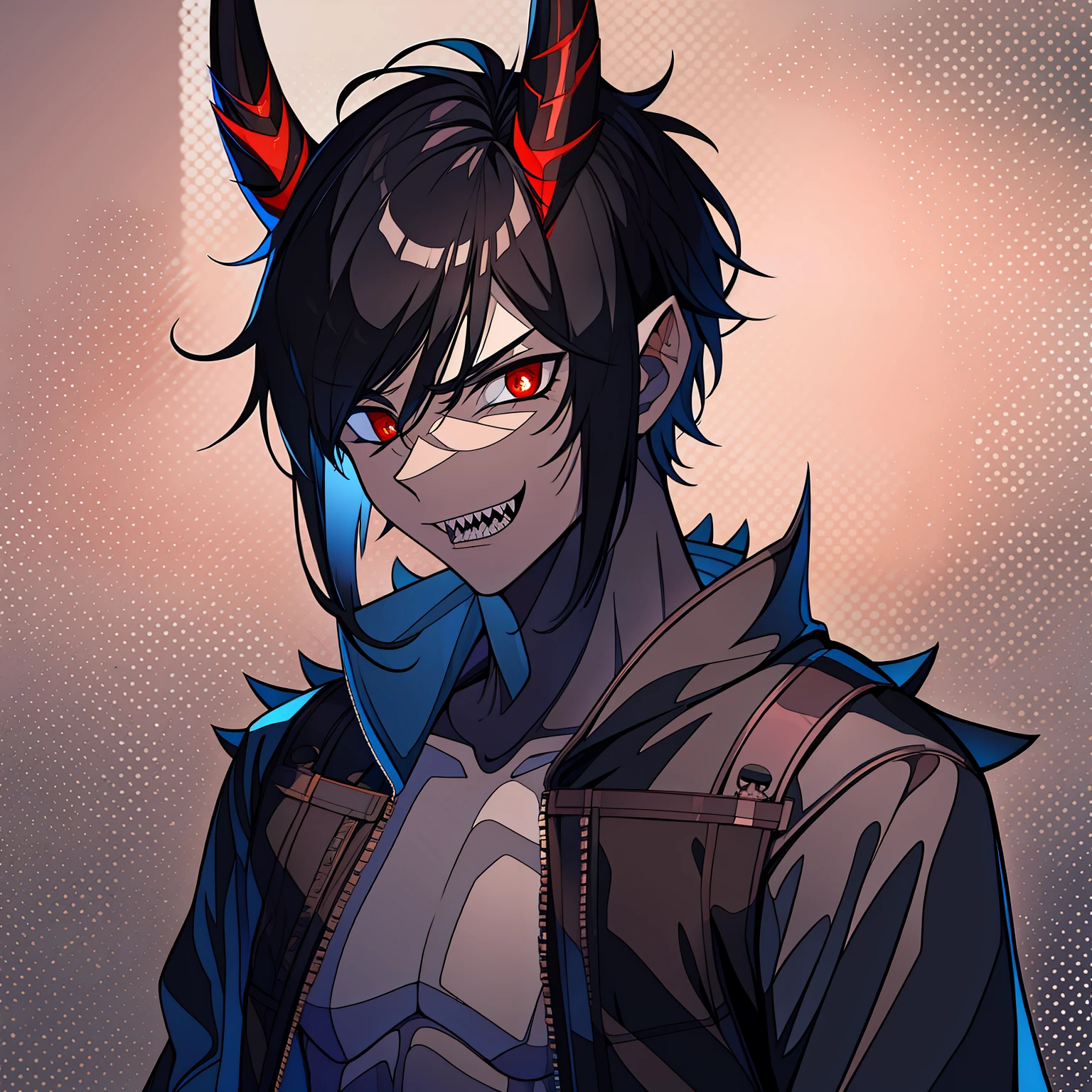 Wendigo, human form, male, black hair, age male, horns on head, short hair, sharp teeth