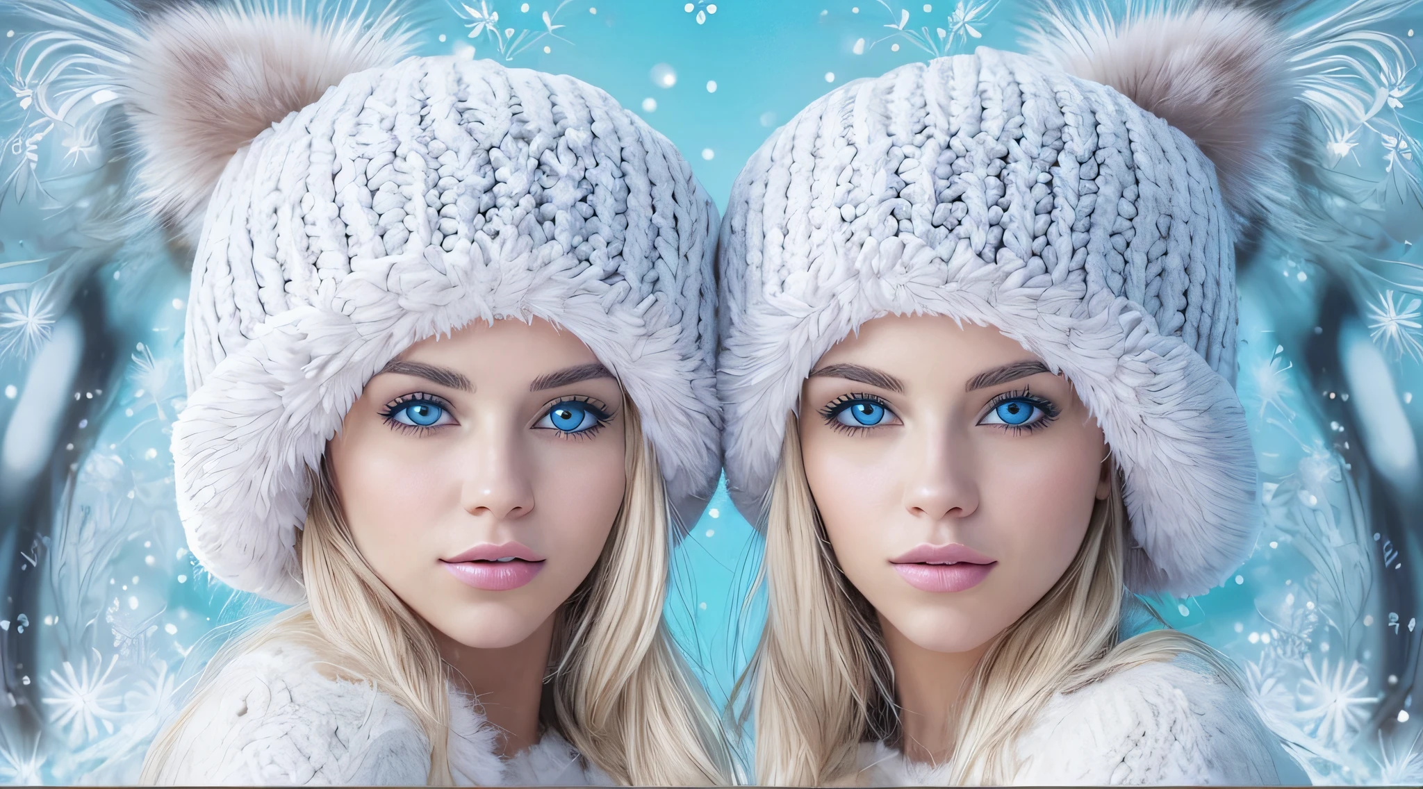 Two young women wearing furry hats and blue eyes in the snow, com pelo azul e olhos azuis, gelo-azul-olhos, menina com orelhas de raposa, olhos azuis de gelo, symmetric azure eyes, beautiful gemini twins portrait, olhos azuis hipnotizantes, symmetric bright eyes, Olhos azuis azuis, beautiful highly symmetric faces, com olhos azuis, olhos azuis e cabelos loiros