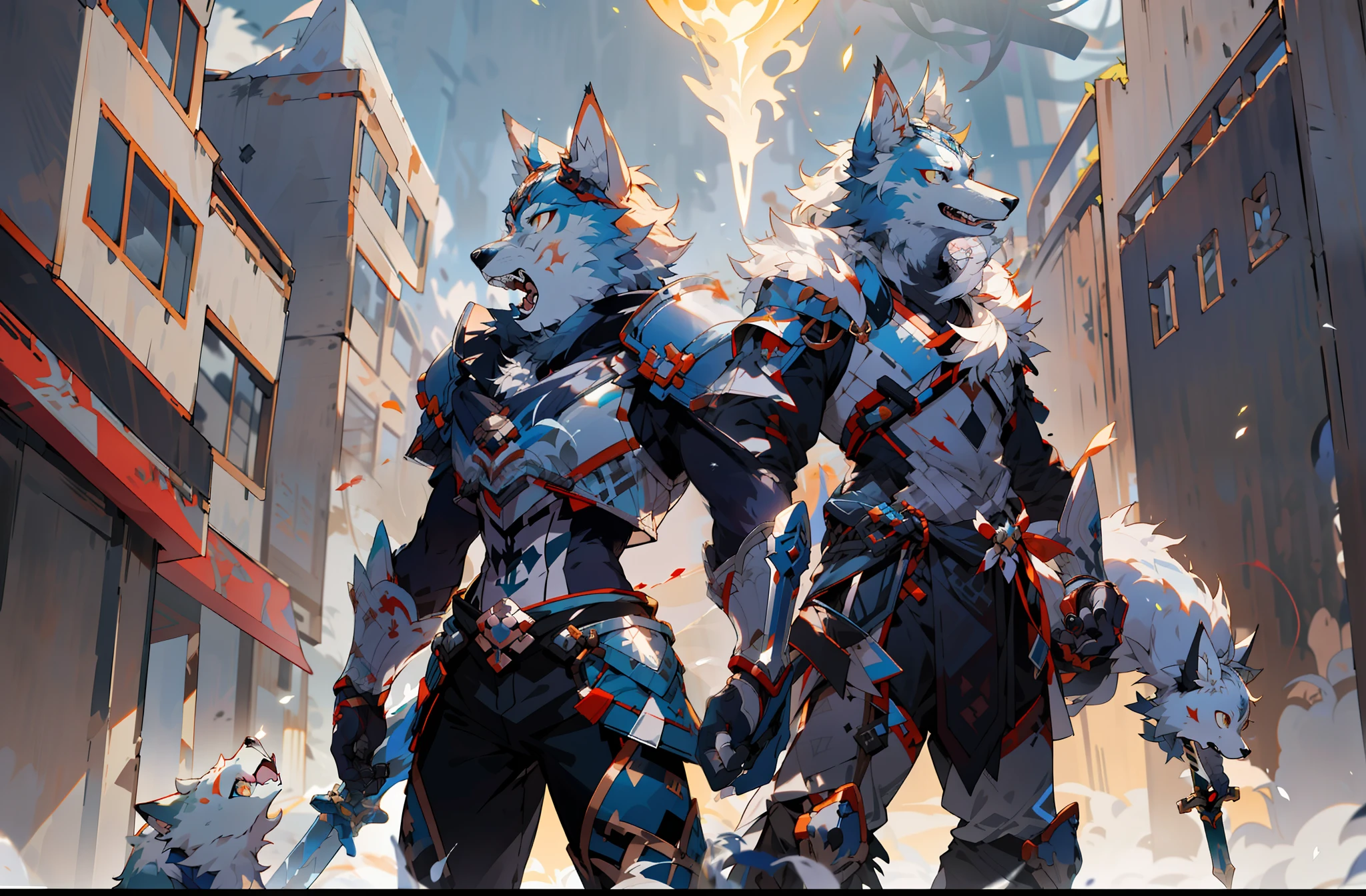 Anime - Stylistic images of two men in armor with swords, wolf armor, husky in shiny armor, Official Splash Art, good boy giant mecha wolf hound, SFW version, art of silverfox, kitsune inspired armor, Genshin impact's character, video game genshin impact, heroes of the storm splash art, WLOP and Sakimichan