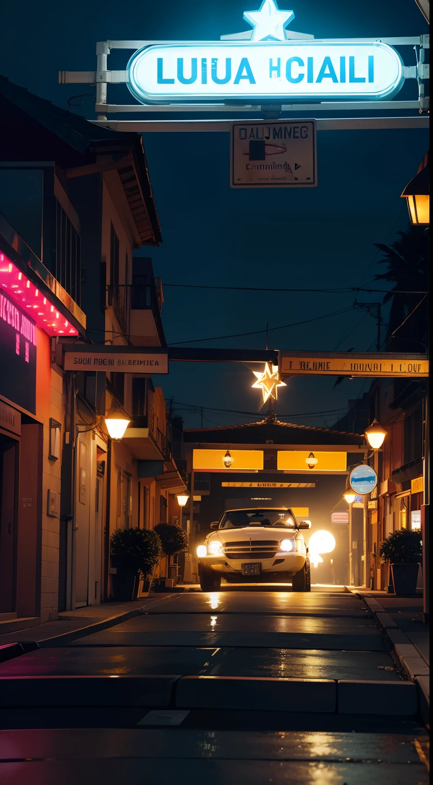 noite, luzes neon, placa com o nome da rua, with a convertible car stopped with the headlight on