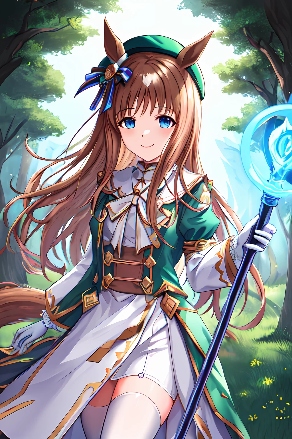 illustration, top quality, beautiful lighting, fine shade; fantasy forest, fine day; beautiful detailed hand, beautiful bodyline; grass wonder \(umamusume\), hat, beret, green headwear, white gloves, white dress, long sleeves, official alternate costume, white thighhighs, holding the fantasy magic staff, white fantasy style robe, calm smile