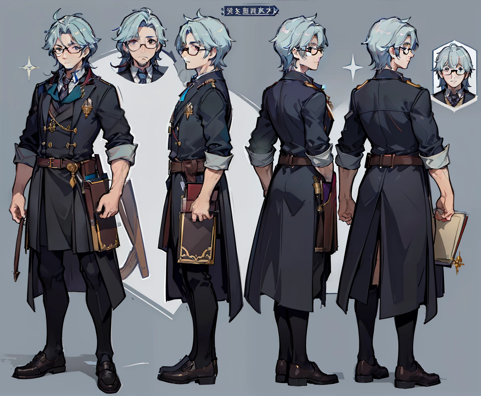 1man, reference sheet, (fantasy character design, front angles, back angles) Thaddeus. Middle-aged man with a scholarly appearance. Wearing spectacles and carrying a satchel filled with scrolls and notebooks. Well-tailored, practical attire suited for alchemical pursuits. Exuding an air of intellectual curiosity and passion for his studies. (masterpiece:1.2), (best quality:1.3).