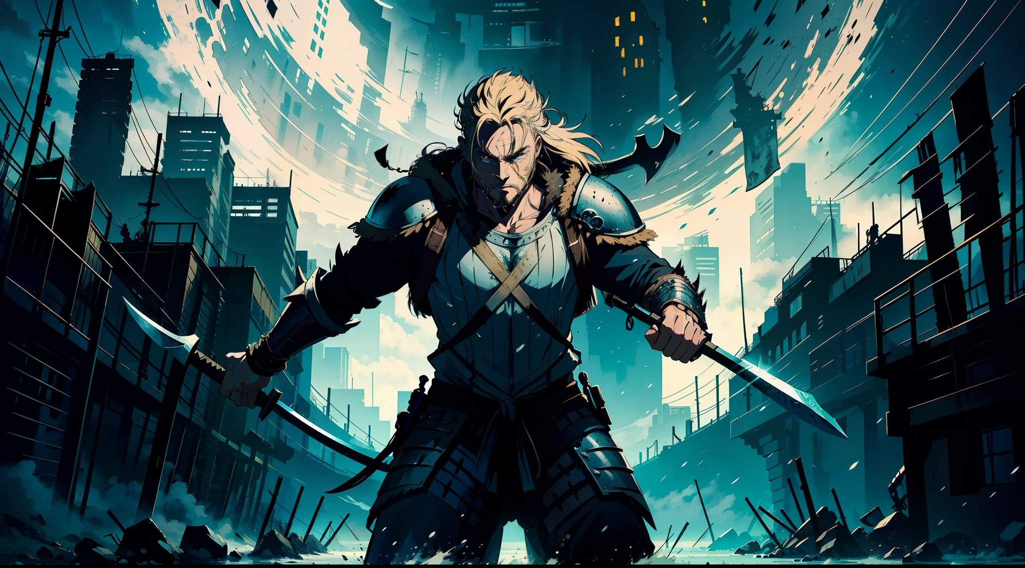 A depiction of a fierce Viking warrior, clad in battle gear and holding a mighty axe, representing the bravery and strength of Ragnar and his crew.