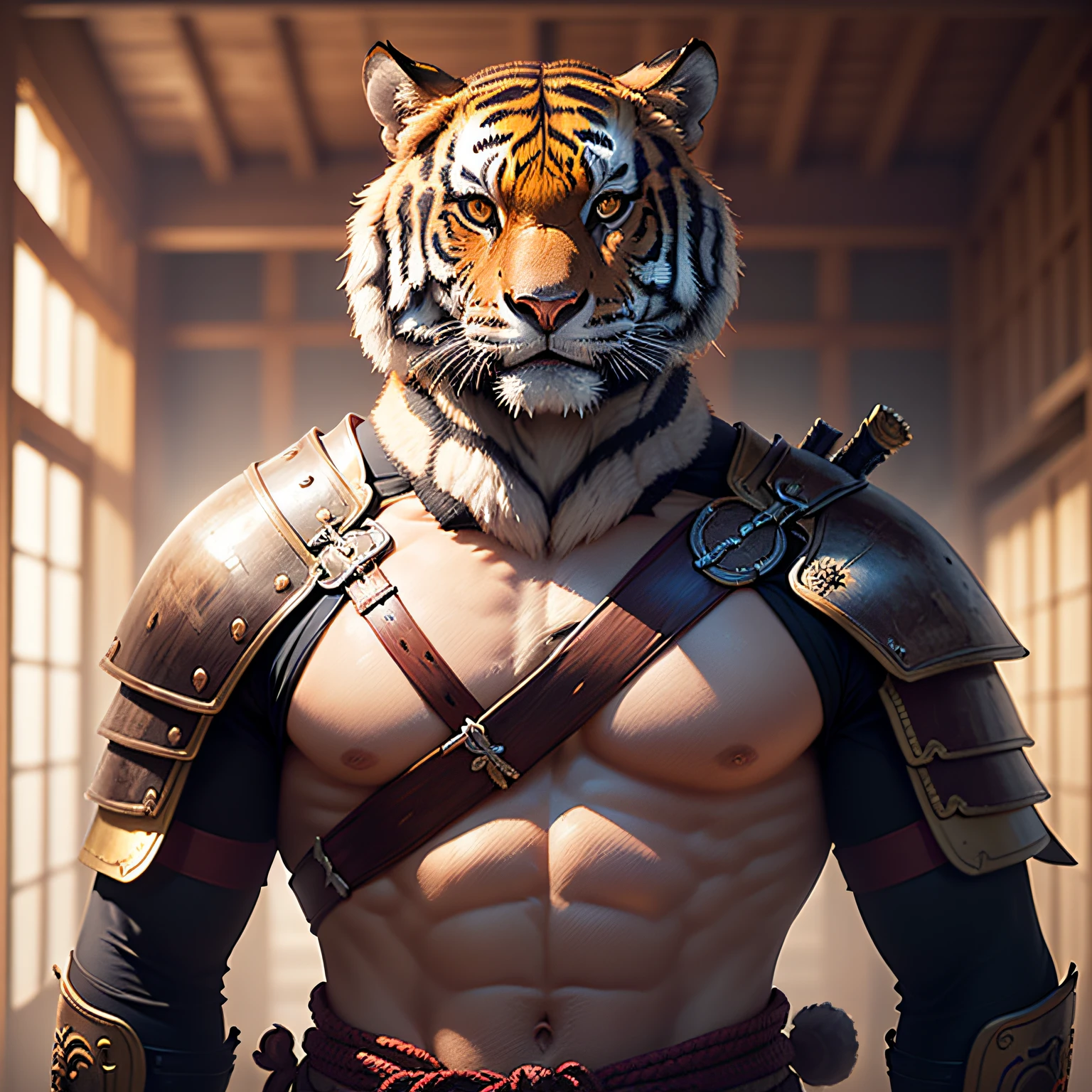 (masterpiece, best_quality, beautiful digital art:1.4), (half-body shot:1.5), ancient anthropomorphic tiger samurai using an ancient samurai armor, photography, beautiful, bokeh temple background, colorful, masterpieces, top quality, best quality, official art, beautiful and aesthetic, realistic, cinematic light, (sharp focus:1.6), highly detailed, ultra realistic, 8k