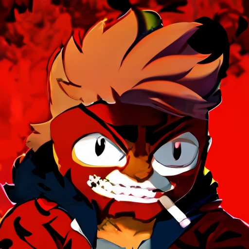 cartoon of a man with a cigarette in his mouth and a red mask with red leaf between eyes on, derpibooru, danbooru, angry sasquatch, villain wearing a red oni mask, lsd face, pepe, 4 k hd fur face!!!, reddit meme, gritty!!!, ashy, reddit, fleurfurr, smug smirk, as an ugly titan