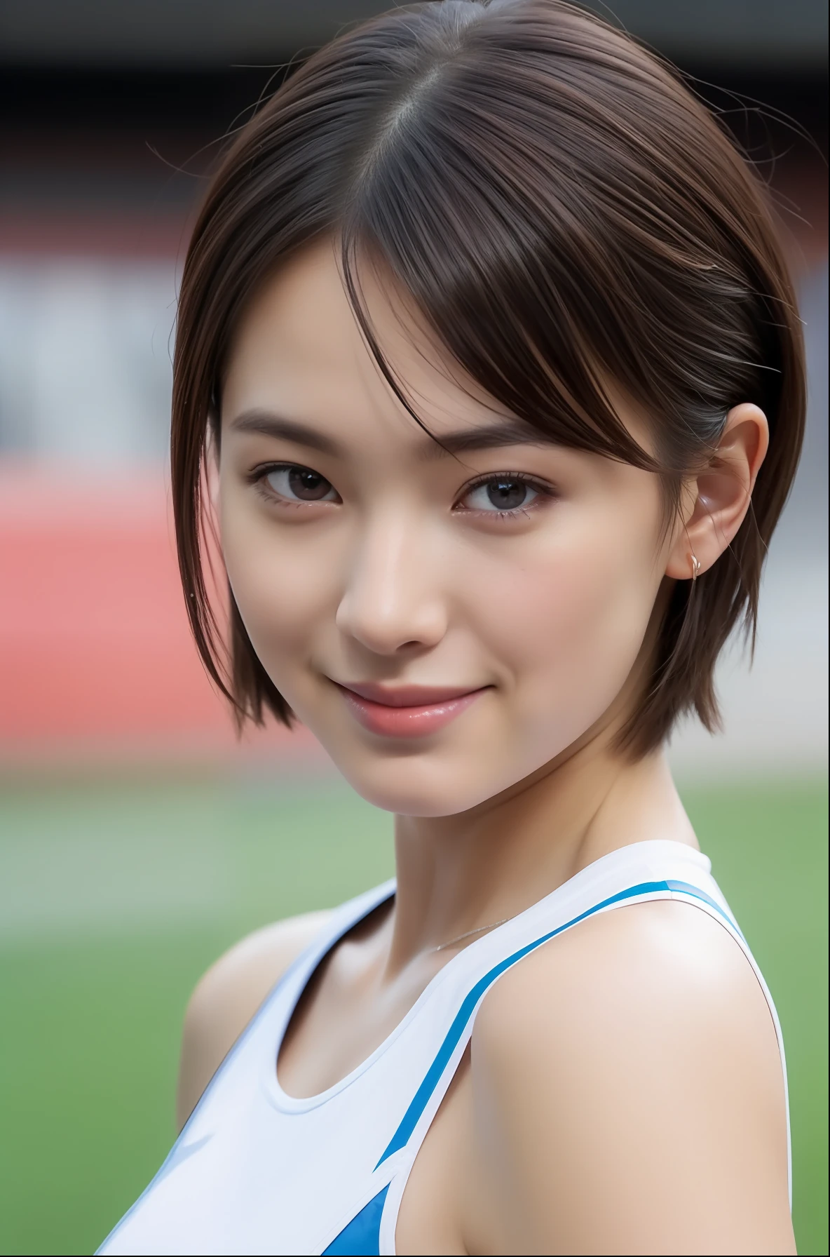 1girl、Wet shirt、a wet body、((Track & Field Athletes Women))、(((1人)))、((Short-cut hairstyles))、Competition uniforms、((stadium))、Transcendent cute、A slight smil、Beautiful breasts、full bodyesbian、brown skinned、hairarmpits、athletic field、((Outstanding style))、((Healthy body))、 、Women in Japan、Photorealsitic、Beautiful detailed eyes、Hyper-Realism、highcontrast、Ultra HD、realistic skin textures、Top image quality、top-quality、超A high resolution、Fine details、Very meticulously