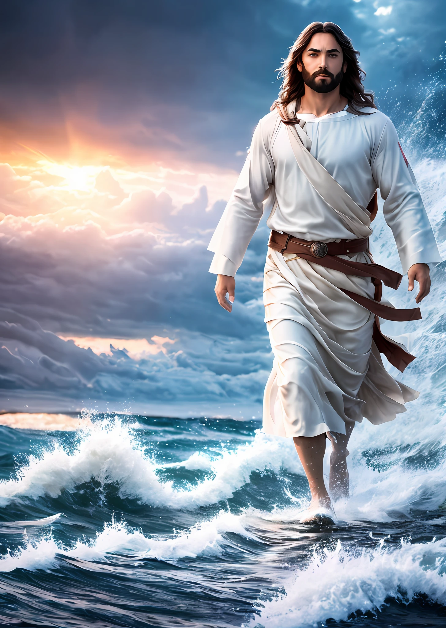 Jesus walking on water in a storm, gentle expression, streaks of light coming down from the sky, masterpiece, highest quality, high quality, highly detailed CG unit 8k wallpaper, award-winning photos, bokeh, depth of field, HDR, bloom, chromatic aberration, realistic, very detailed, trending at artstation, trending at CGsociety, complex, high detail, dramatic, mid-journey art, volumetric lighting