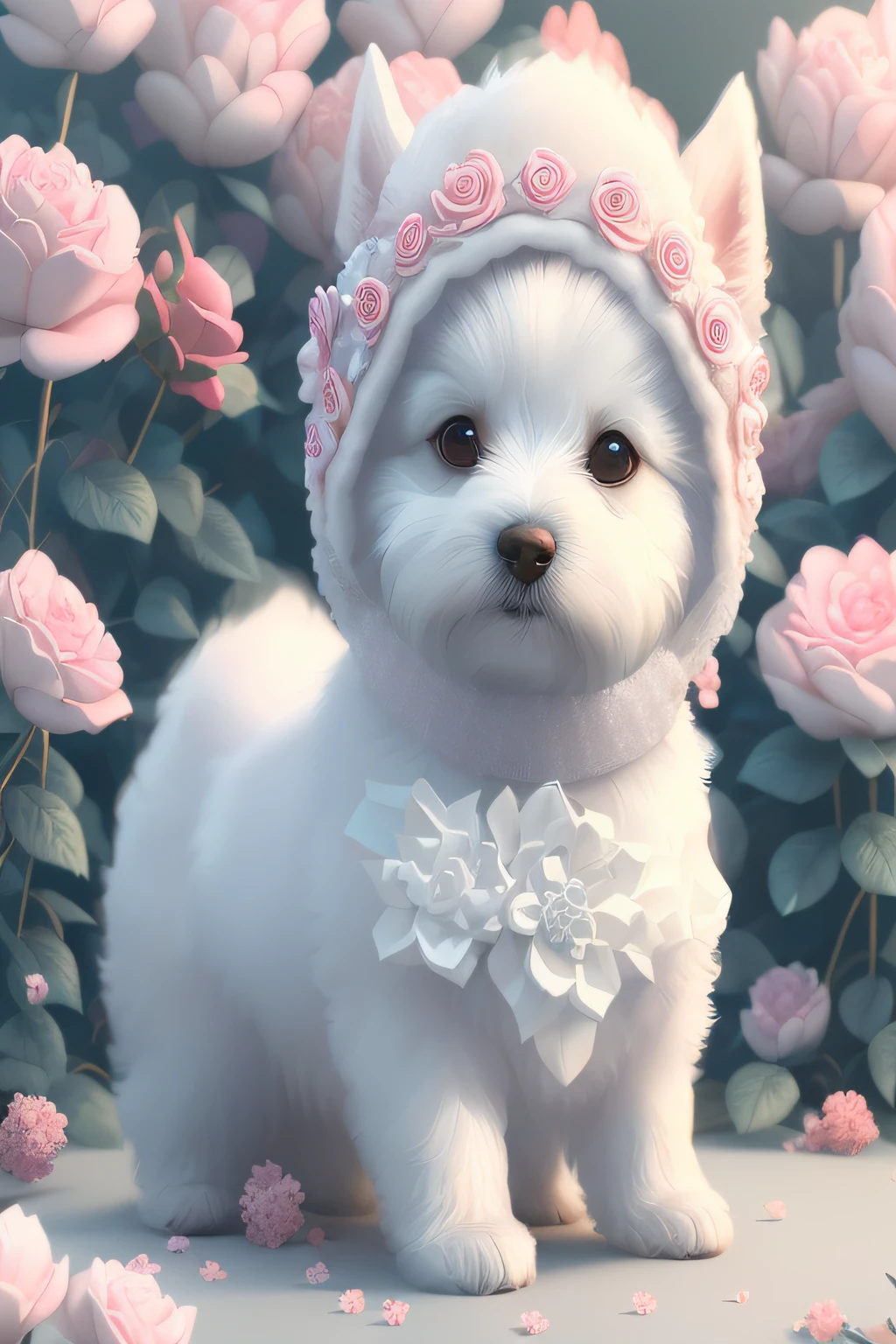 There is a white dog wearing a pink hat and a white dress, painting digital adorable, arte digital detalhada bonito, arte digital bonito, bonito 3 d render, arte detalhada bonito, Dog cute, kawaii cute dog, Beeple e Jeremias Ketner, arte fofa, pintura digital suave, kawaii retrato realista, arte peluda muito bonita, isometric 3d fantasy cute dog