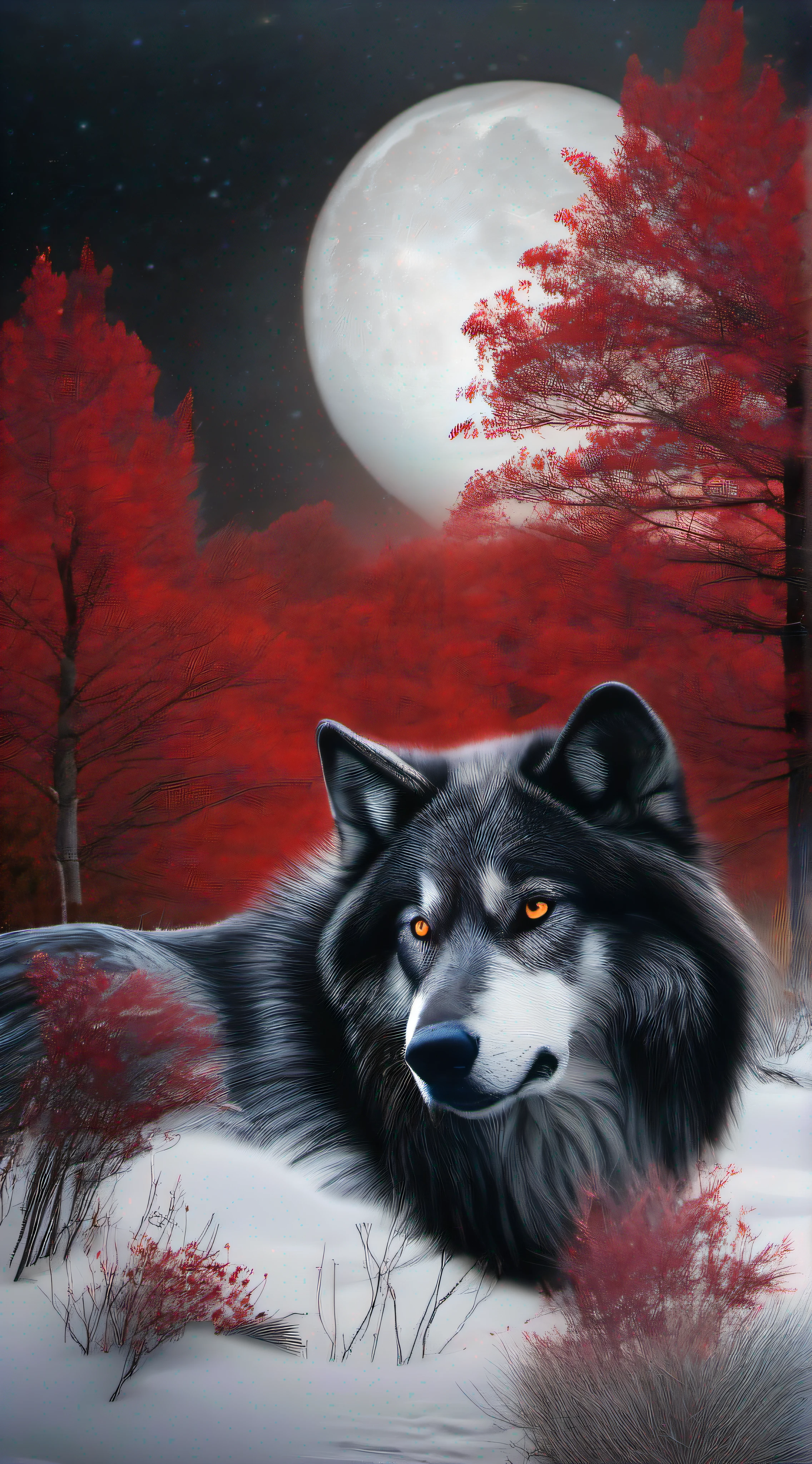 ((lobo negro de ojos rojos:1.2) y (bosque nevado:1.2) y (Luna llena) Y misterioso) Y 3D Y (8k) y (camara profesional) y (poca profundidad de campo)