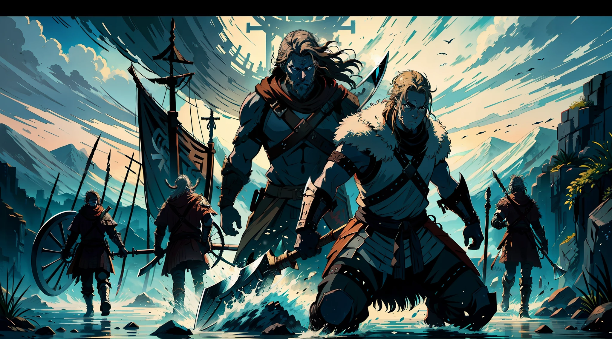 A depiction of a fierce Viking warrior, clad in battle gear and holding a mighty axe, representing the bravery and strength of Ragnar and his crew.