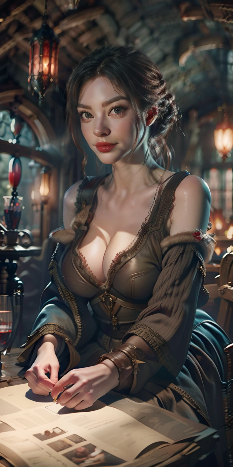 a handsome female, Realistic, She is dressed only in an unbuttoned white shirt, Examines a map in an old galleon's hut;, red hair color, parallax, Ultra Hyper Mega Contrast, covered with rose petals, tmasterpiece, Winner of the photo contest, Beautiful lighting, Bioluminescent pollen in the air, Aestheticism, perfectionism, Jugendstil,