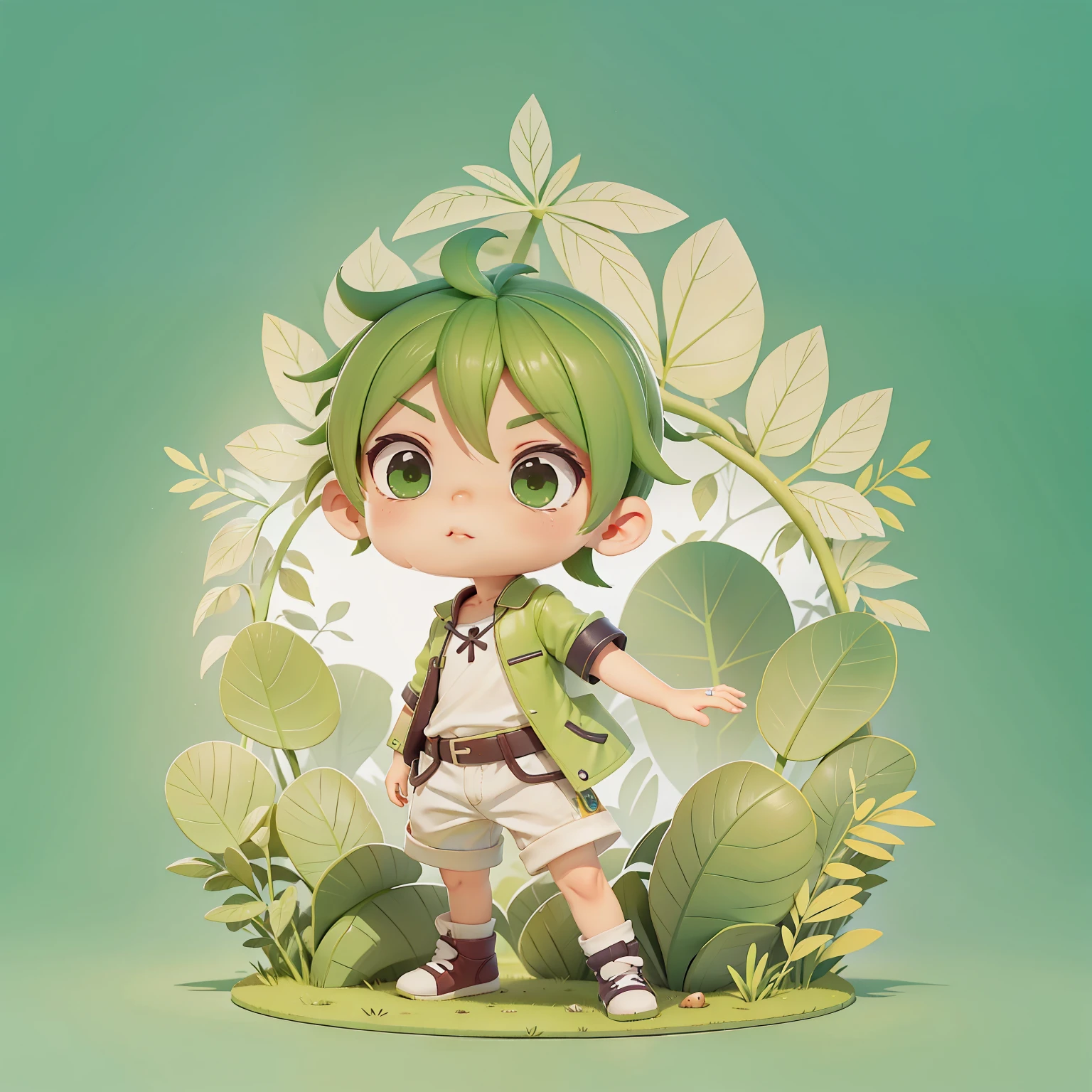 Garoto ruivo, olhos verdes, vestindo roupas de detetive, segurando uma lupa, estilo chibi