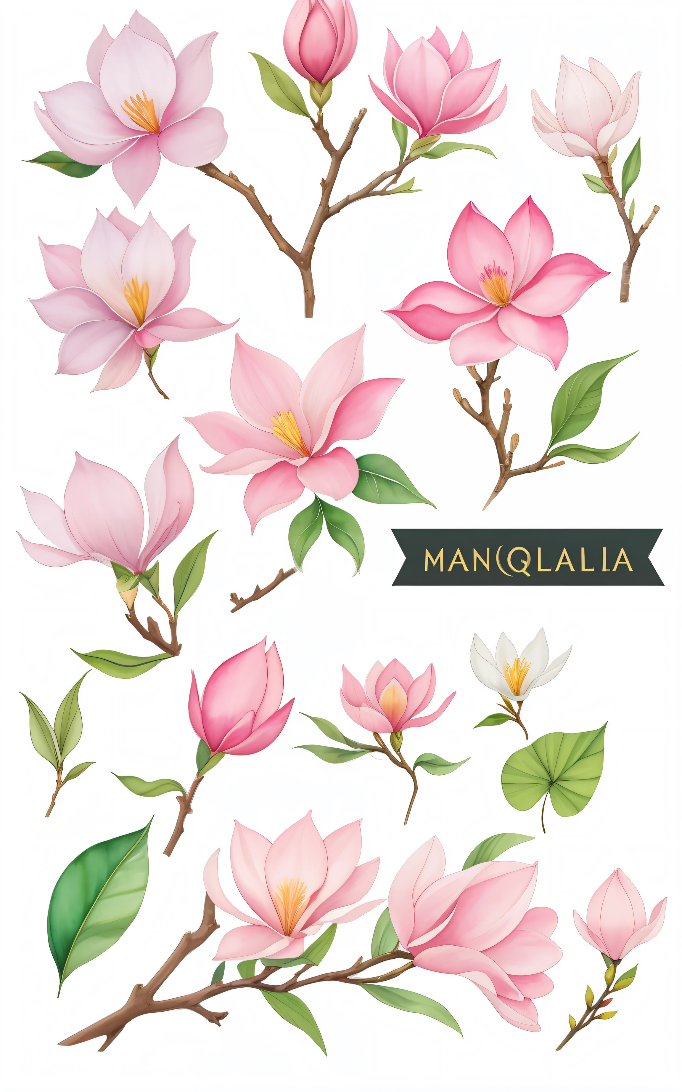 watercolor magnolia flowers and leaves, Magnolias, Magnolia large leaves and stems, leaves and stems of magnolia, magnolia, elementos florais, magnolia stems, botanic watercolors, flor, botanico, Elementos da Natureza, botanical illustration, Flores elegantes, botanicals, botanical art, 🌸 🌼 💮, botanical art, Aquarelas de alta qualidade, Magnolia Goliath Head Ornaments, muitos elementos