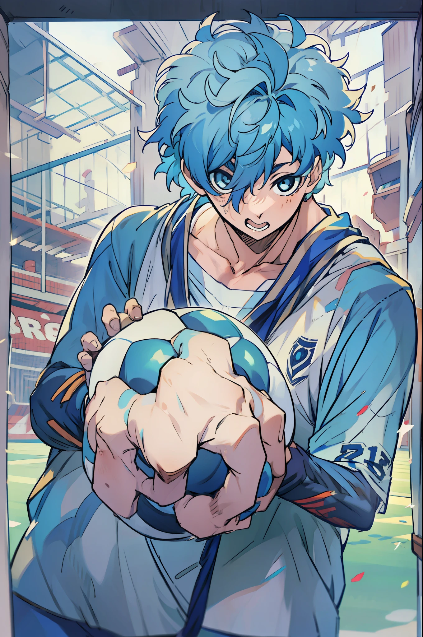 one anime boy alone , soccer player , blue hair