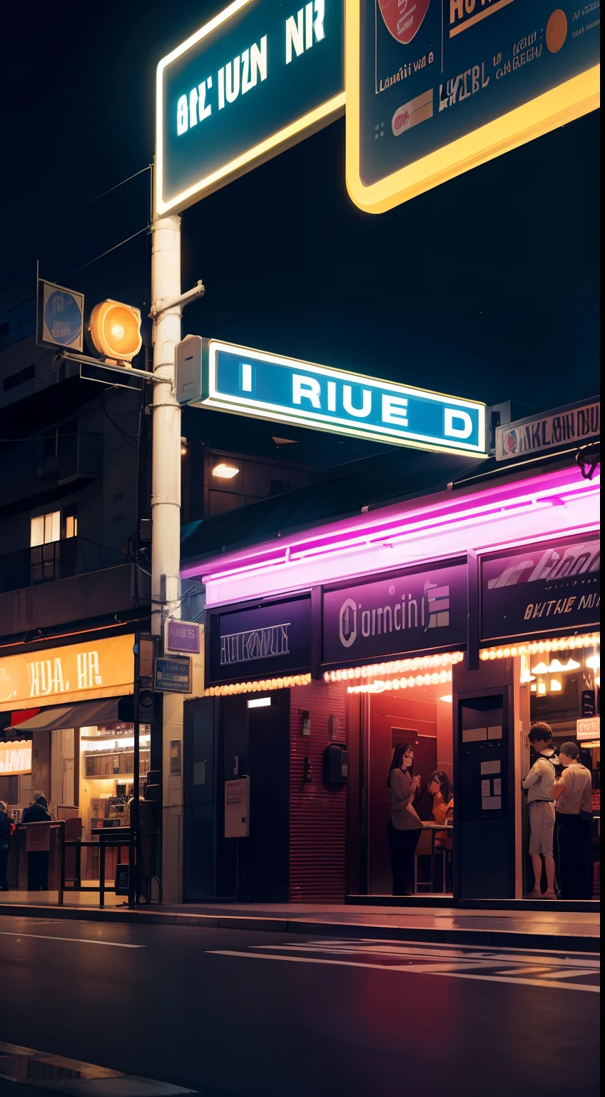noite, luzes neon, placa com o nome da rua, with a convertible car stopped with the headlight on