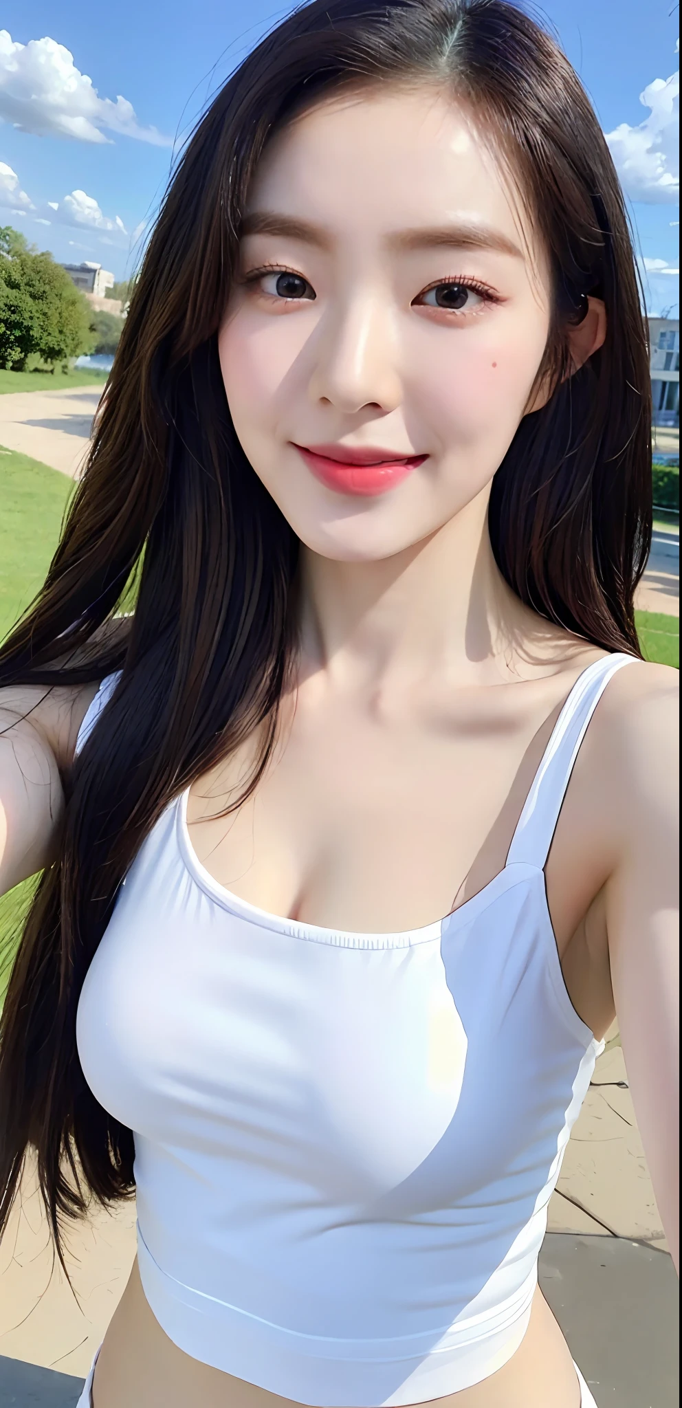 (Daytime, Excellent, 8K, Masterpiece:1.3)), Full body, Long legs, Focal length: 1.2, Perfect Body Beauty: 1.4, Slim Abs: 1.1, ((black hair, Big Breasts: 1.2 )), (tight tanktop, Standing: 1.2), ((City, Blue Sky and White Clouds: 1.3)), Highly detailed face and skin texture, Detailed eyes, Double eyelids, POV selfie, smile