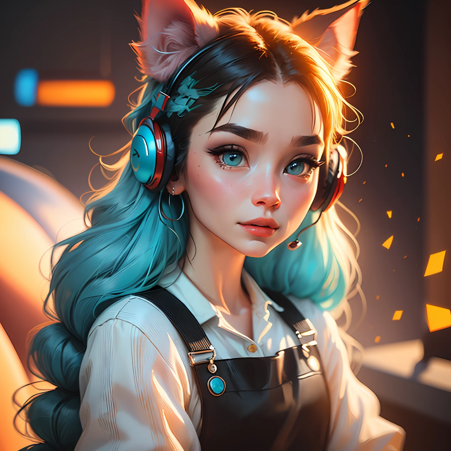 (Extremely detailed CG Unity 8k wallpaper, masterpiece, best quality, super detailed), (best lighting, best shadow, extremely delicate beauty), floating, sparkling eyes
	
[(Headbands, earrings, (cyan: 1.5|red: 1.2) braided pig's tail hair with kitten headphones, (light yellow: 1.3) overalls) :: 0.8]