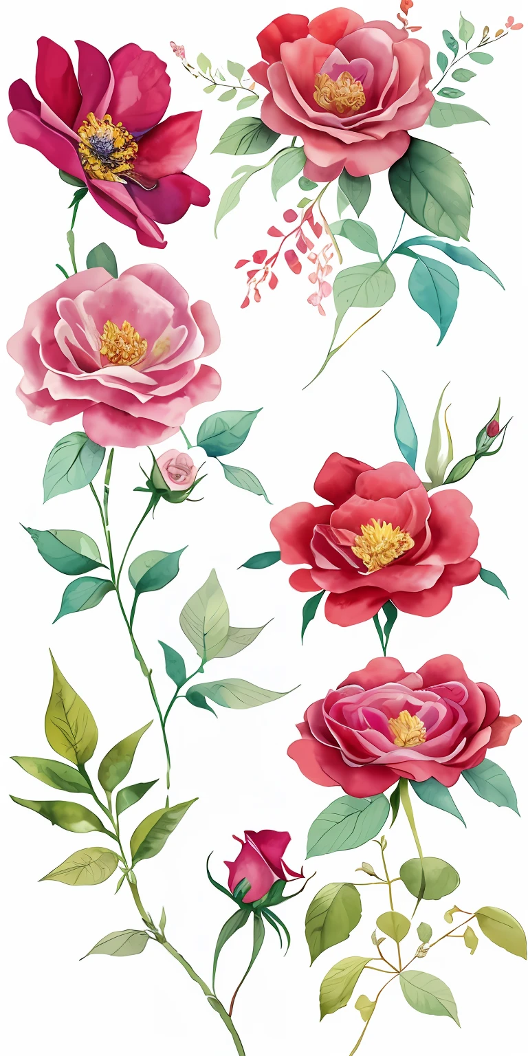 uma pintura de um ramo de flores com folhas e flores, botanic watercolors, flores e folhagens, botanico, botanical art, Rosa-Brambles, rosas decorativas, botanico, algumas rosas, Roses, botanical art, Directed by: Martina Krupičková, inspired by Martina Krupičková, Watercolor illustration, estilo de pintura em aquarela, 2 5 6 x 2 5 6