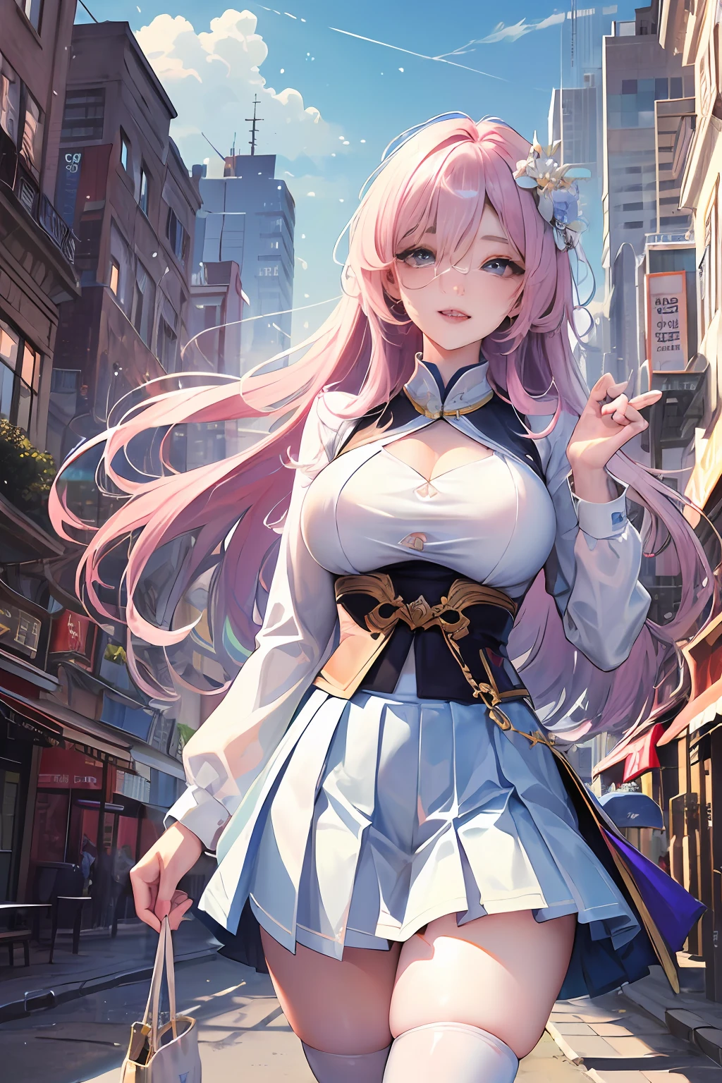 official art, masterpiece, sharp focus, (beautiful gorgeous cute Korean woman:1.3), (beautiful cute korean:1.3), korean beauty, Delicate and beautiful hair and eyes and face, realistic, ultra detailed, beautiful girl, blue sky, glow white particle, (sidelighting:1.2), sun light, white cloud, detailed clouds, slender, Lovely very large breasts and very large hips, smile with teeth, ((smile with eyes, open both eyes)), scenery, long straight hair, sexy facial expression, building, (cityscape:1.7), dynamic hair, long straight hair, detailed platinum pink hair, glow blue eyes, (blue pleated shirts + white skirt), white long socks, pale skin, hair ornament, epic scenery,