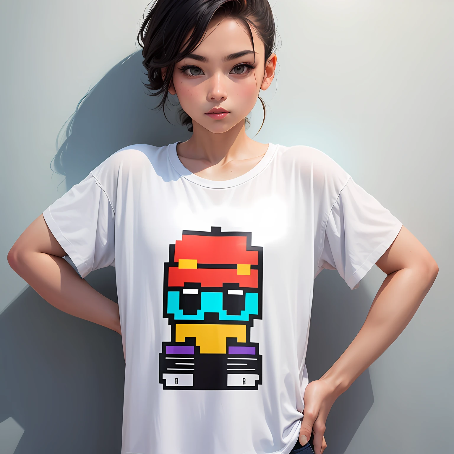T-shirt print with pixel art skateboard inspired by the 8-bit aesthetic of the 80s or 90s, (design de camisetas, Logo, distintivo, arte vetorial) (em um fundo branco:1.4) as a Logotype of T-shirt in the art style 2S to Karras, 3, De: -1x-1, 0.4 Modelo SD 2.1
