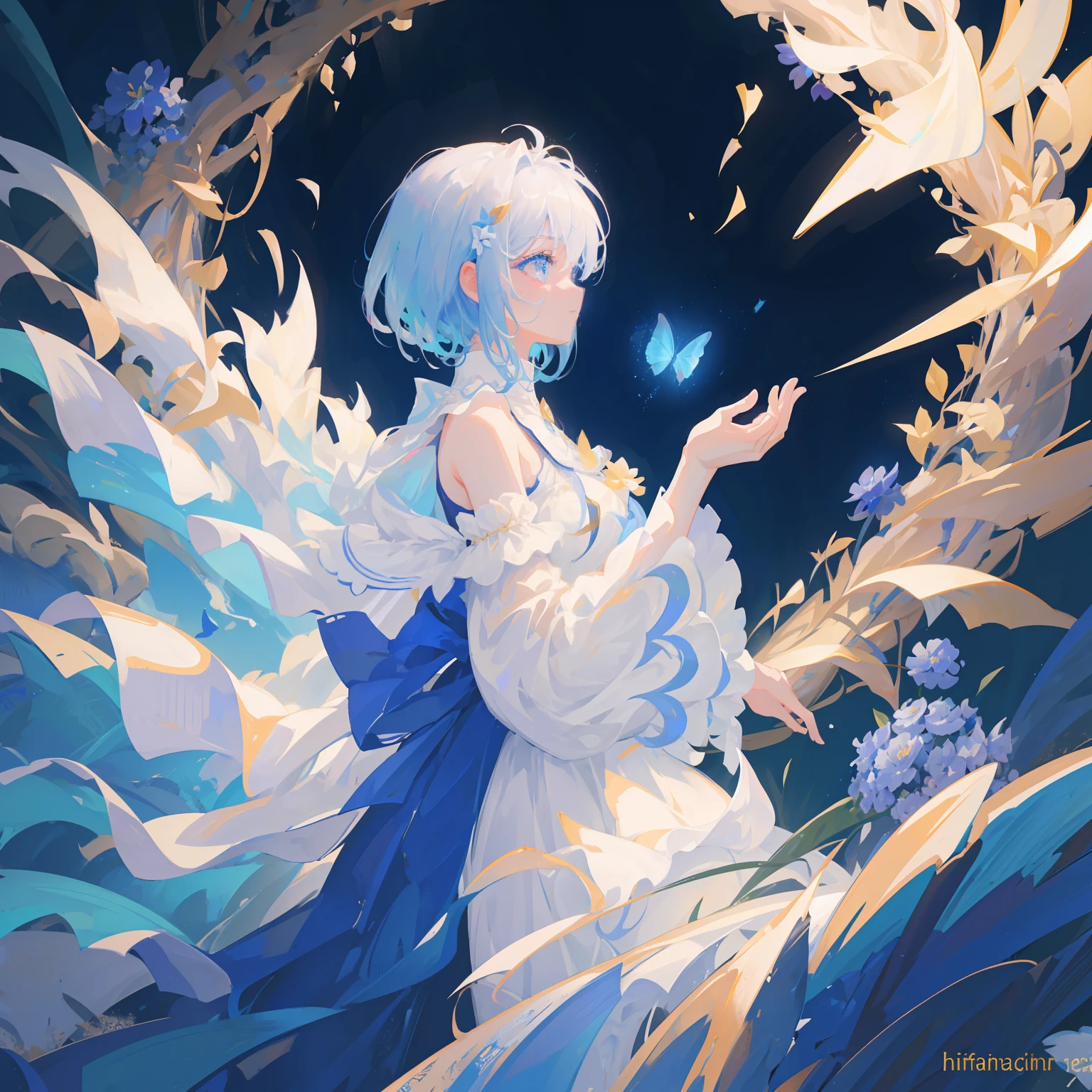 masterpiece,top-quality, Best Quality, the Extremely Detailed CG Unity 8K Wallpapers, Cinematic lighting, Lens Flare, Eyes in Beautiful Details, side glance, colorful light, Particle, portrait closeup,Cornflower Art、dream-like,hight resolution、volume illumination、contour deepening,back lighting、profile、Very detailed 8k wallpaper、1girl、Lori、Chiffon dress、extremely delicate and beautiful、Beautiful detailed eye white hair,fluffy hair,Shorthair cumulus,beautiful detailed cloud、Blue butterfly、The upper part of the body,Blue eyes