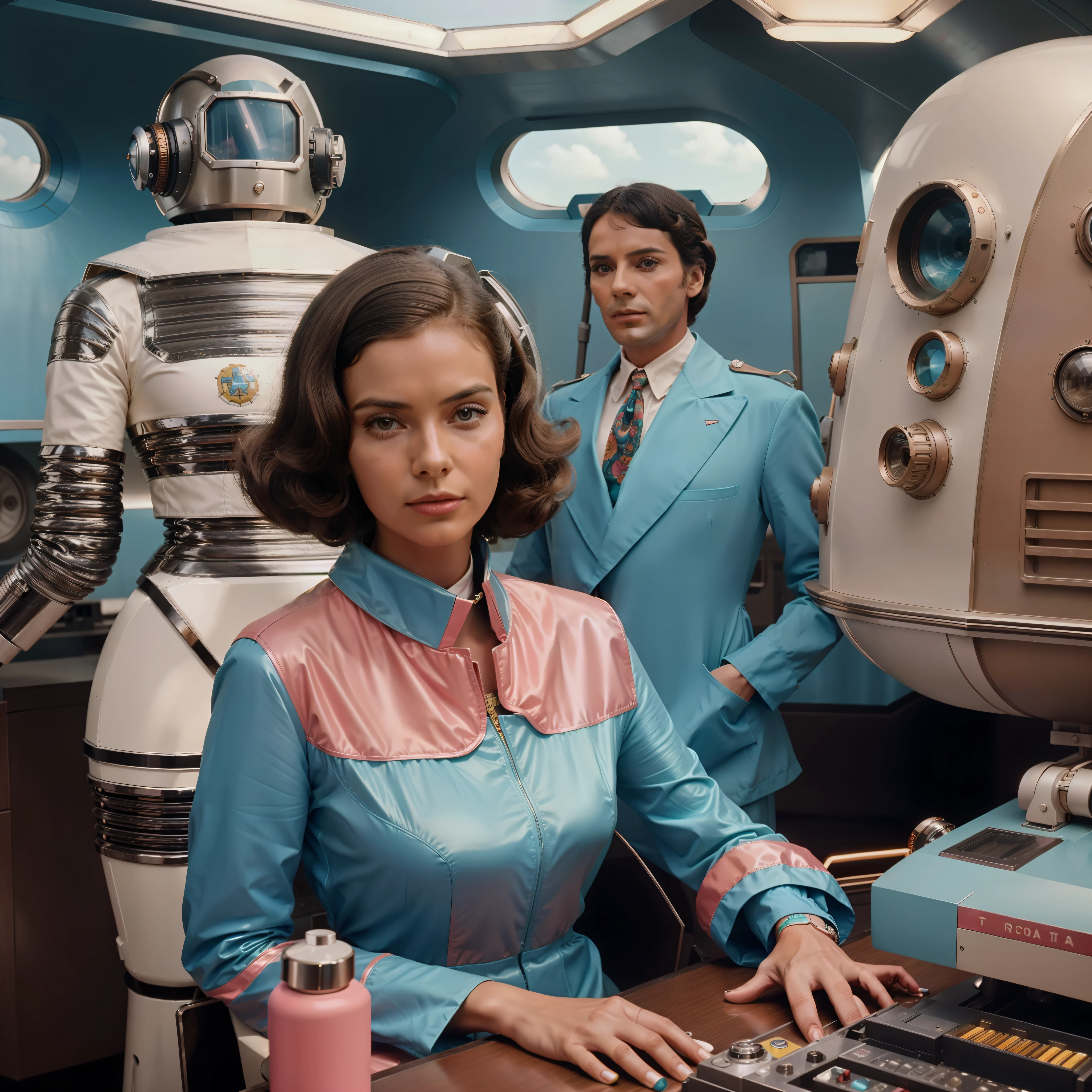 4k image from a 1970s science fiction film, imagem real, Estilo Wes Anderson, pastels colors, a man between two women wearing retro-futuristic fashion clothes and futuristic technological ornaments and devices, Luz Natural, cinemactic, Psicodelia, futurista estranho, retro-futurista,