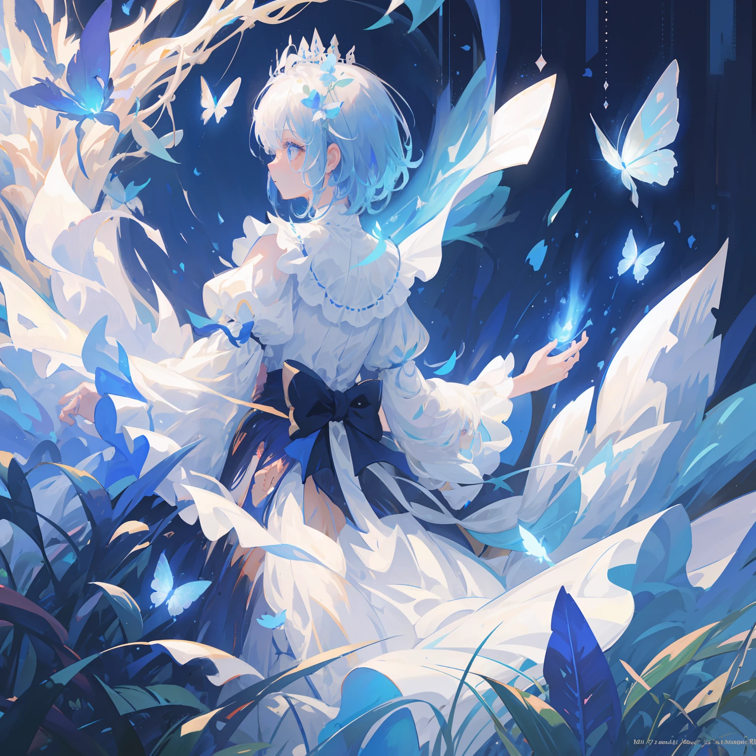 ​masterpiece,top-quality, Best Quality, the Extremely Detailed CG Unity 8K Wallpapers, Cinematic lighting, Lens Flare, Eyes in Beautiful Details, side glance, colorful light, Particle, portrait closeup,Cornflower Art、dream-like,hight resolution、volume illumination、contour deepening,back lighting、profile、Very detailed 8k wallpaper、1girl、Lori、Chiffon dress、extremely delicate and beautiful、Beautiful detailed eye white hair,fluffy hair,Shorthair cumulus,beautiful detailed cloud、Blue butterfly、The upper part of the body,Blue eyes