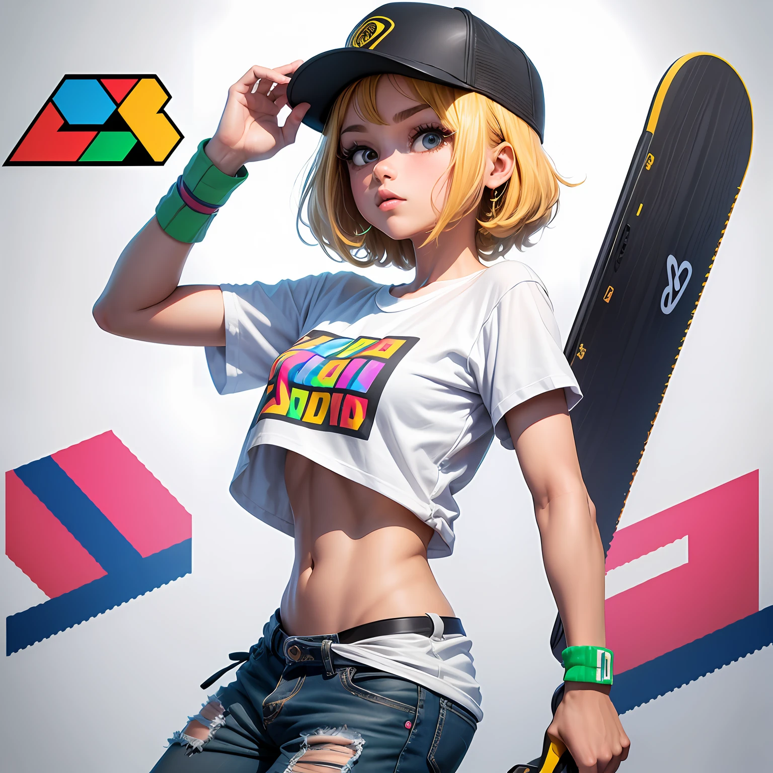 T-shirt print with pixel art skateboard inspired by the 8-bit aesthetic of the 80s or 90s, (design de camisetas, Logo, distintivo, arte vetorial) (em um fundo branco:1.4) as a Logotype of T-shirt in the art style 2S to Karras,  3,  De: -1x-1,  0.4 Modelo SD 2.1