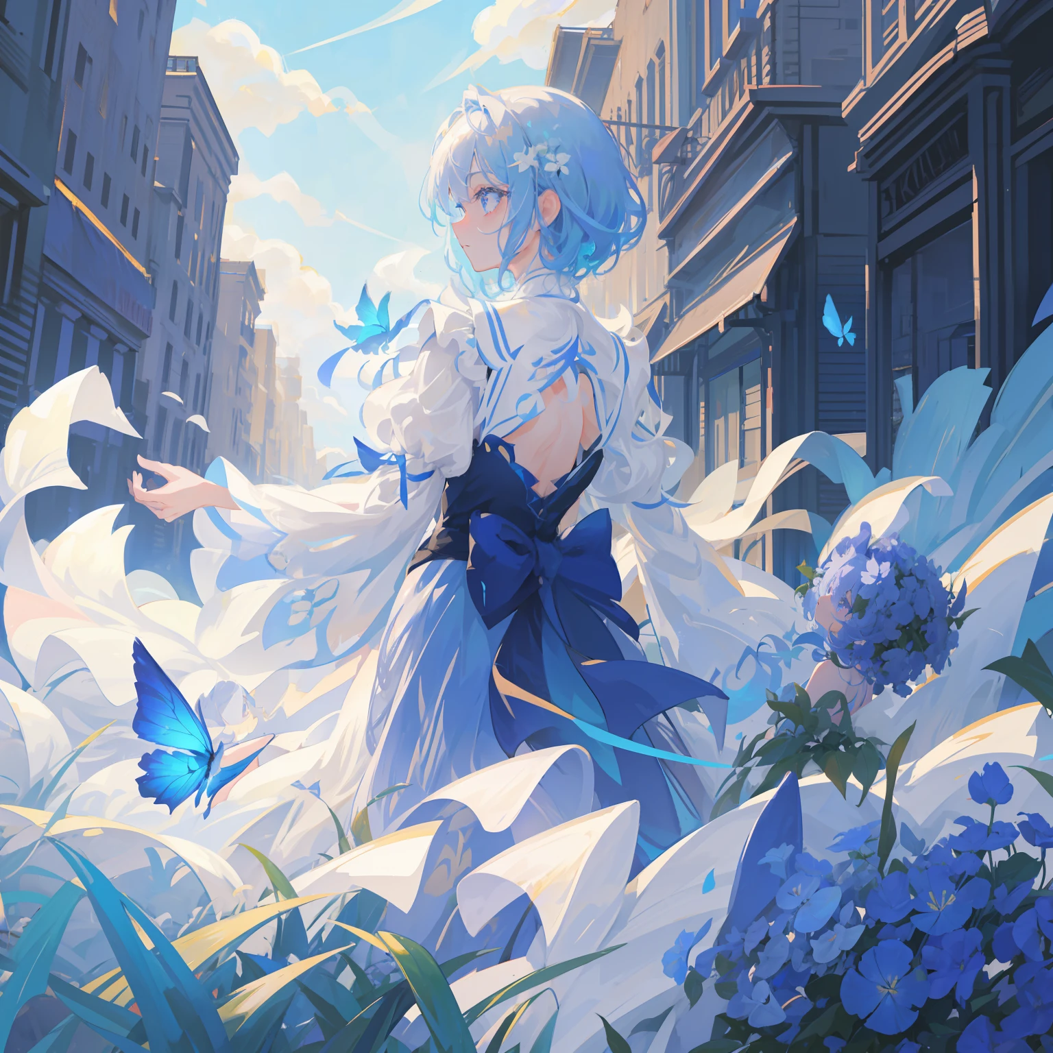 ​masterpiece,top-quality, Best Quality, the Extremely Detailed CG Unity 8K Wallpapers, Cinematic lighting, Lens Flare, Eyes in Beautiful Details, side glance, colorful light, Particle, portrait closeup,Cornflower Art、dream-like,hight resolution、volume illumination、contour deepening,back lighting、profile、Very detailed 8k wallpaper、1girl、Lori、Chiffon dress、extremely delicate and beautiful、Beautiful detailed eye white hair,fluffy hair,Shorthair cumulus,beautiful detailed cloud、Blue butterfly、The upper part of the body,Blue eyes