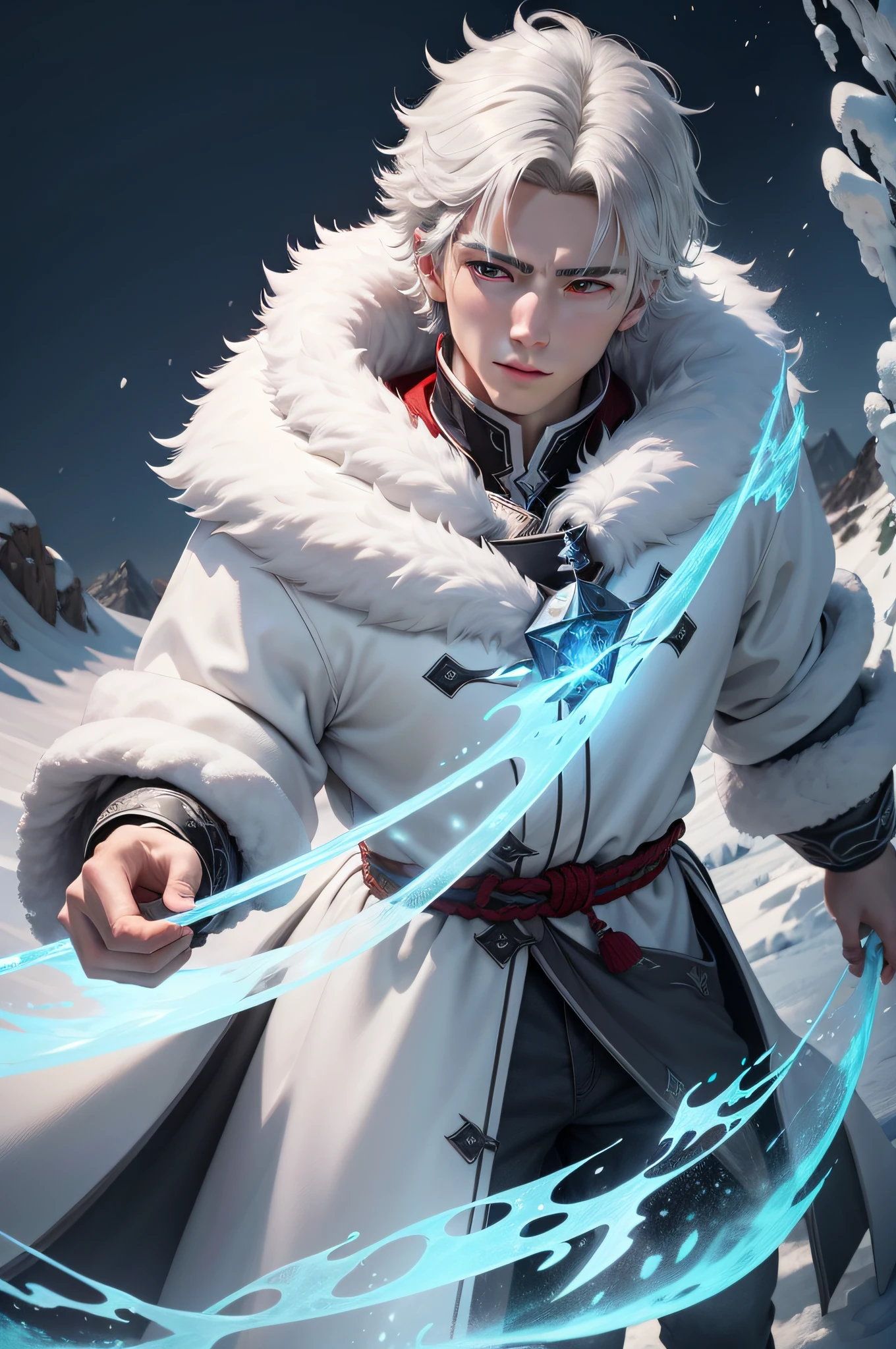 Leisurely personality,mtu,Ice elemental magic,white wolf,snow mountains,The animation is rich in detail。There is a 20-year-old man in the picture,He has short gray-silver hair and red eyes。This is a high-quality 8K masterpiece。
