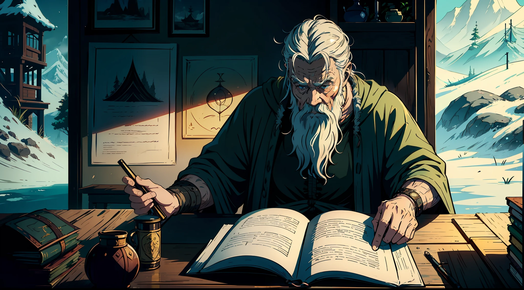 A scene portraying Ragnar seeking wisdom from an elderly Viking sage, emphasizing the importance of knowledge and seeking guidance fully cinematically animated