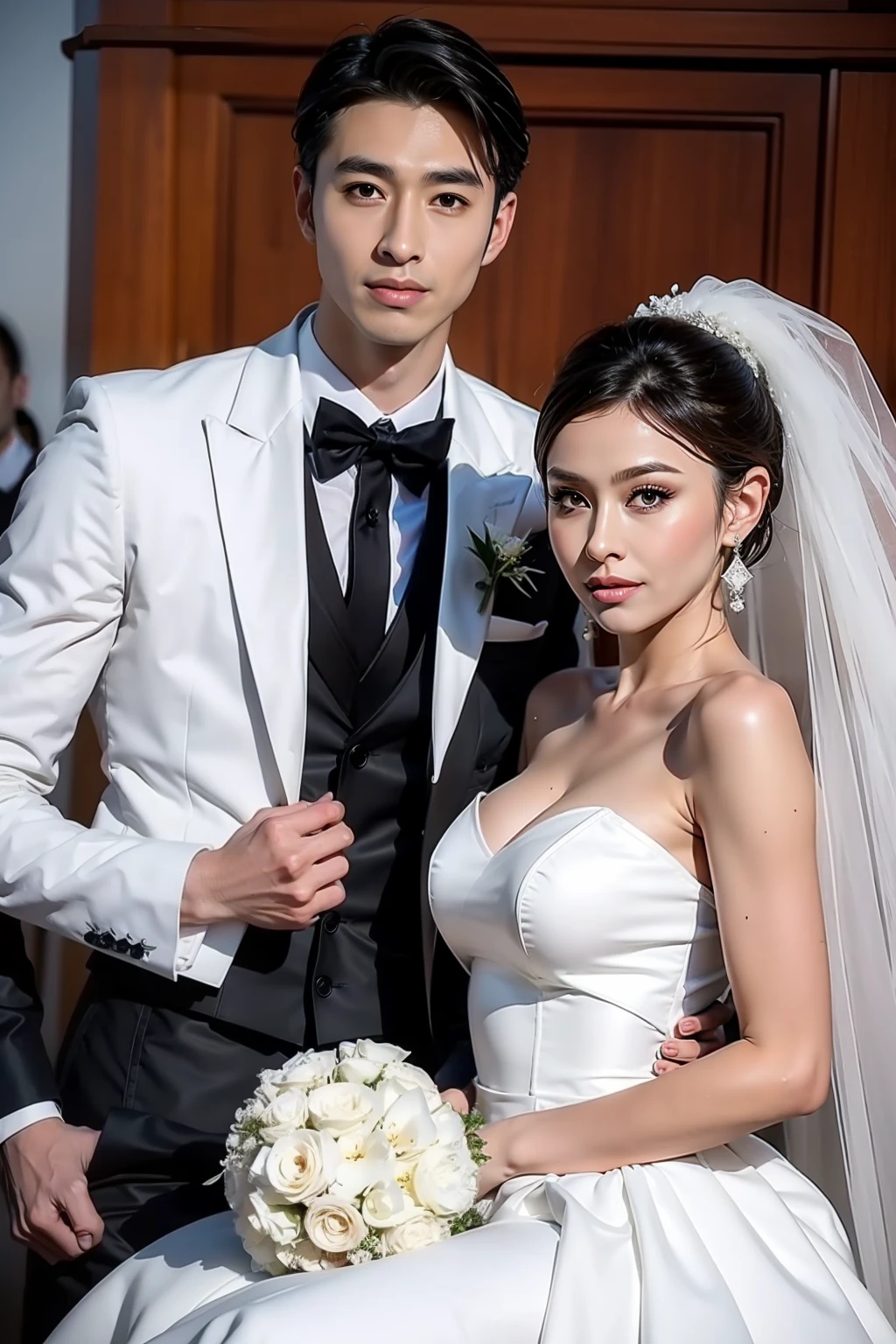 Fashion model 20 years old [[[[closeup cleavage]]]], [[[[boobgasm]]]], [[[[coll]]]], [[[[bshoulders]]]], perfect  eyes, Perfect iris，Perfect lips，perfect teeth，Perfect skin，Soft front light，hdr，A couple，wedding gown，Masculine man in suit，Gentle lady in wedding dress，The lady is a slender face，slender nose；（pastel colour：1.2）