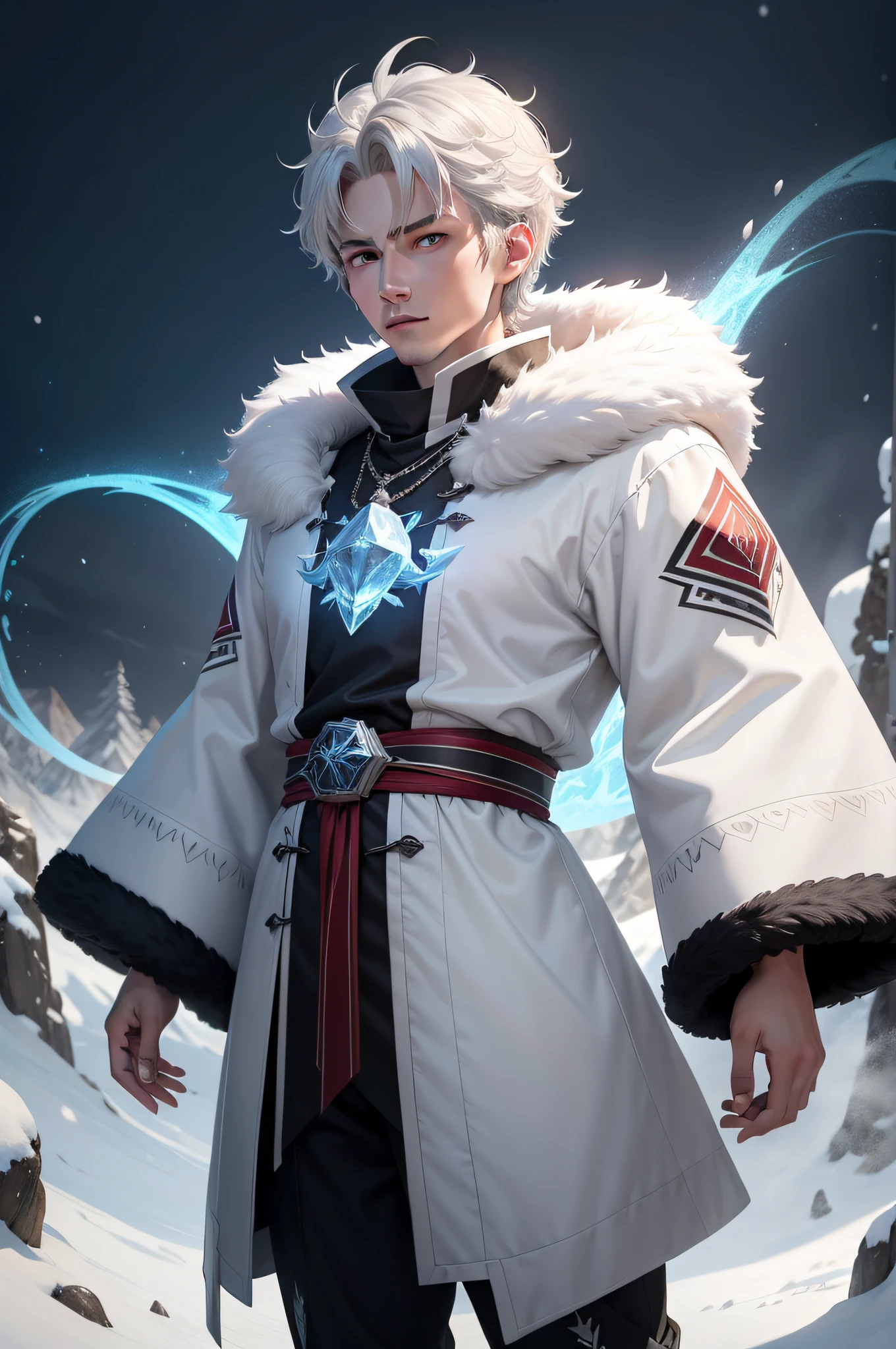 Leisurely personality，mtu，Ice elemental magic，white wolf，snow mountains，The animation is rich in detail。There is a 20-year-old man in the picture，He has short gray-silver hair and red eyes。This is a high-quality 8K masterpiece。