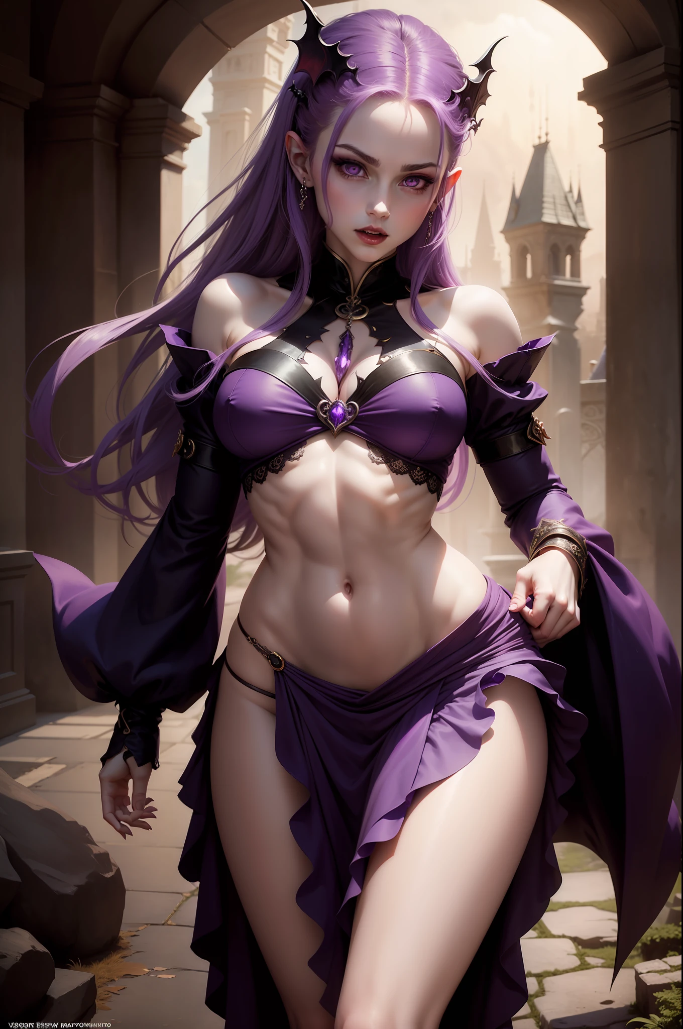 gorgeous vampire girl, very pale skin, glowing purple eyes, perfect abs, perfect small breasts, slim waist, voluptuous hips, fantasy, film grain, UHD, masterpiece, anatomically correct, super detail, best quality