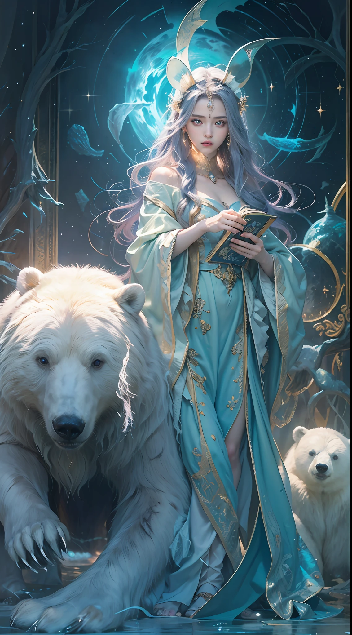 A crystal castle sealed in a magic book,Blood,Night, Dark, (fantasy),unlimited,Deep blue sky,The abyss of knowledge,cowl,((masutepiece)), (((Best quality))),((Beautiful fine eyes)),(eyeslashes)、(((Beautiful girl riding a huge white bear)))、(1 rapariga)、The perfect human structure、Blowing in the wind、long whitr hair、abyss eyes、glowy skin、oiled、small tits、Wizard robes、Tattered fabric、Realistic coat、Think、Super delicate CG Unity 32k wallpaper、tmasterpiece, ((ultra - detailed)), ((illustratio)),Extremely colorful,the wallpaper,energy,Unknown terror,mind bending,Around the magic,Magical environment,wands,Boken,Flight page,Know it all,Predicting the future、Learn about the past、Infinite wisdom、Blue Flame、Warlock、Magic Circles、pentacle、Spells、mantra、Singing magic