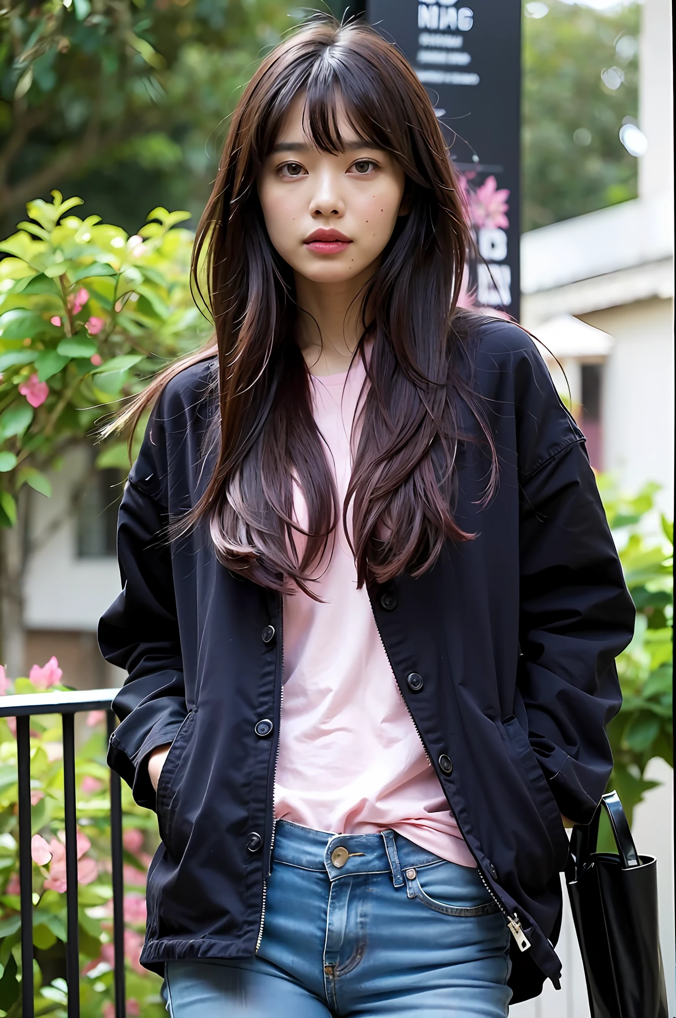 (highly detailed body, highly detailed face, best quality:1.2) ,A Woman, look at viewer, (Pink bra, Jeans), (Pink bougainvillea mess in background:1.4)