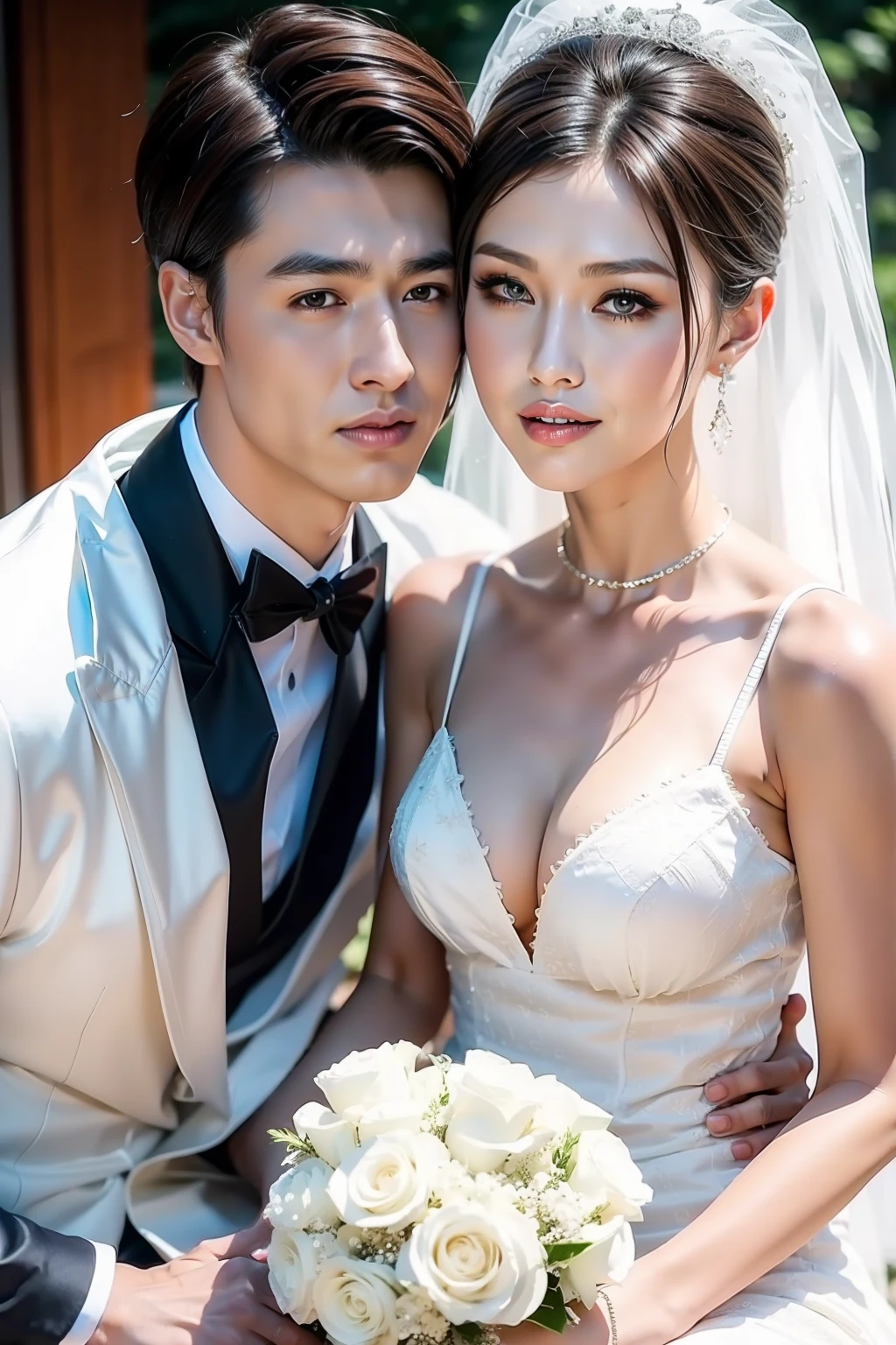 Fashion model 20 years old [[[[closeup cleavage]]]], [[[[boobgasm]]]], [[[[coll]]]], [[[[bshoulders]]]], perfect  eyes, Perfect iris，Perfect lips，perfect teeth，Perfect skin，Soft front light，hdr，A couple，wedding gown，Masculine man in suit，Gentle lady in wedding dress，The lady is a slender face，slender nose；（pastel colour：1.2）